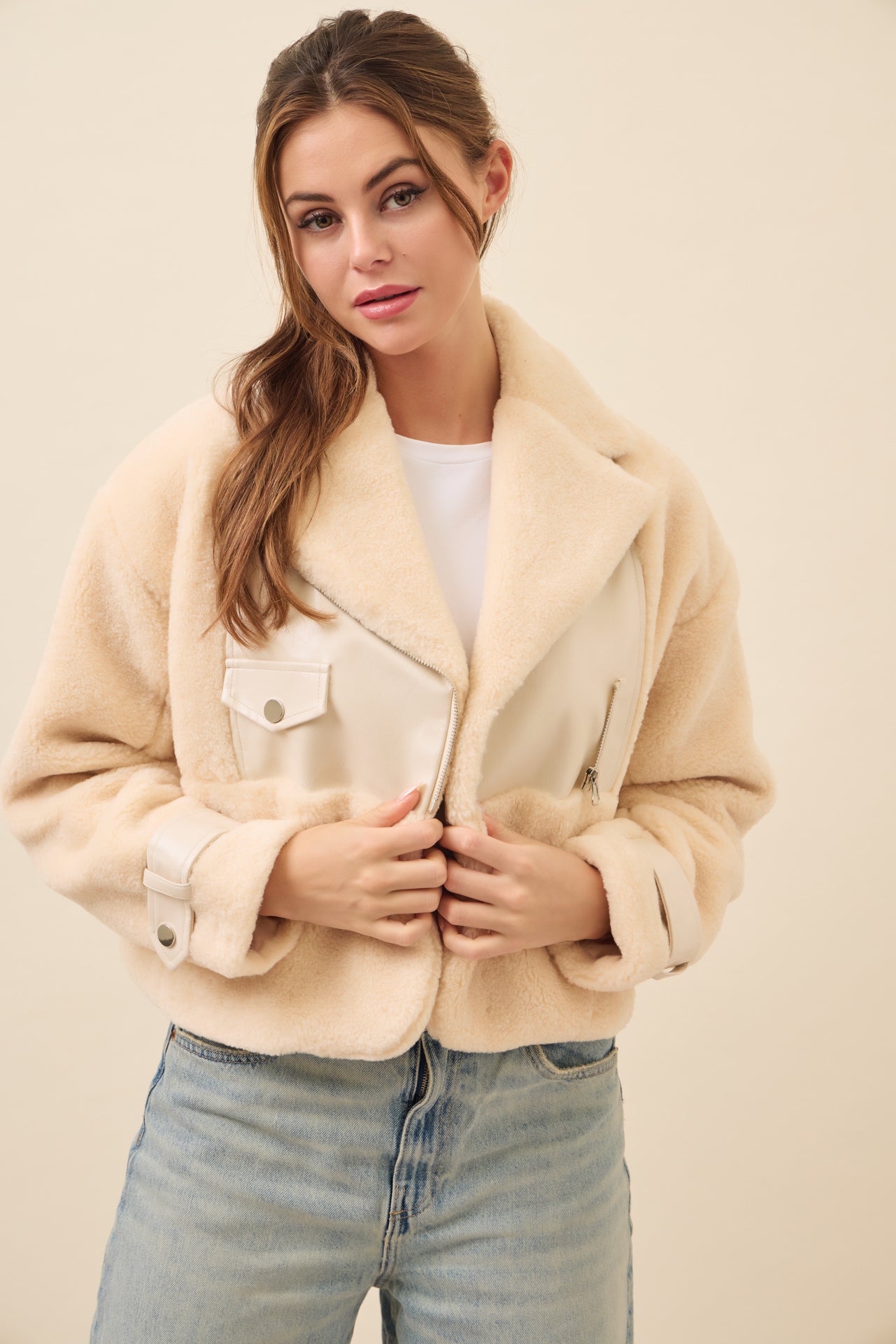 Get Warm Fur Jacket with PU Contrast