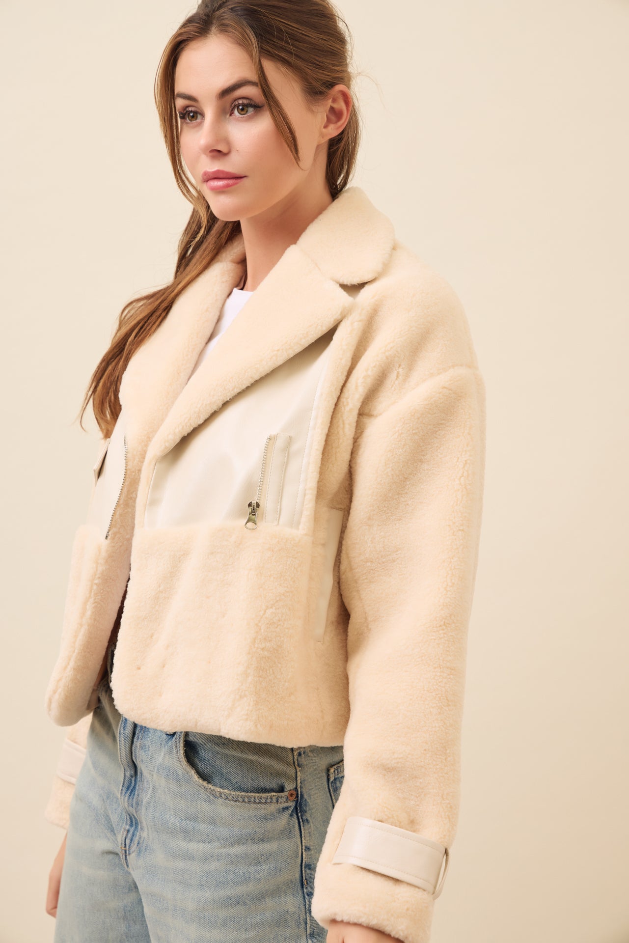 Get Warm Fur Jacket with PU Contrast