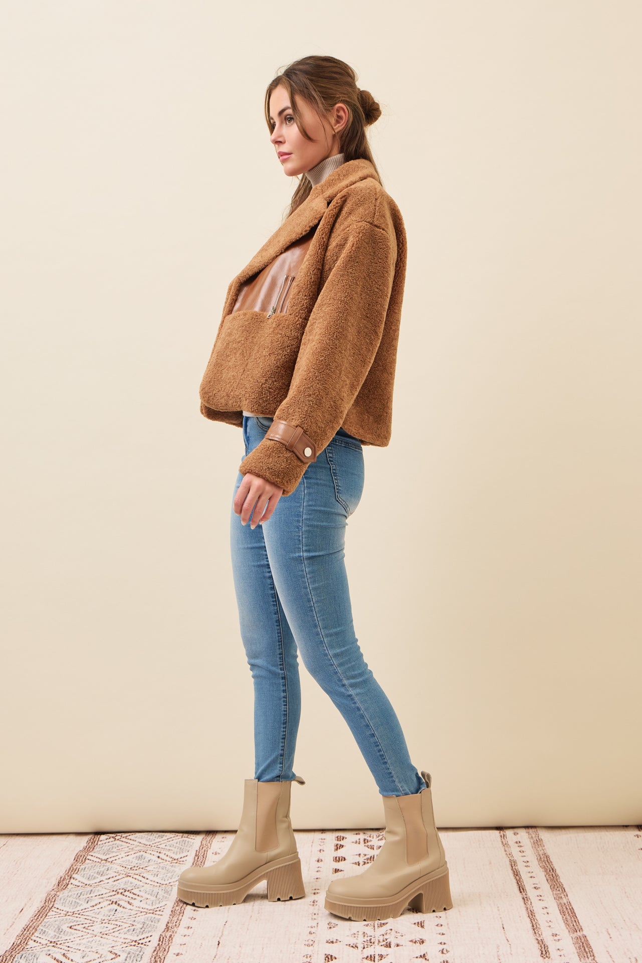 Get Warm Fur Jacket with PU Contrast