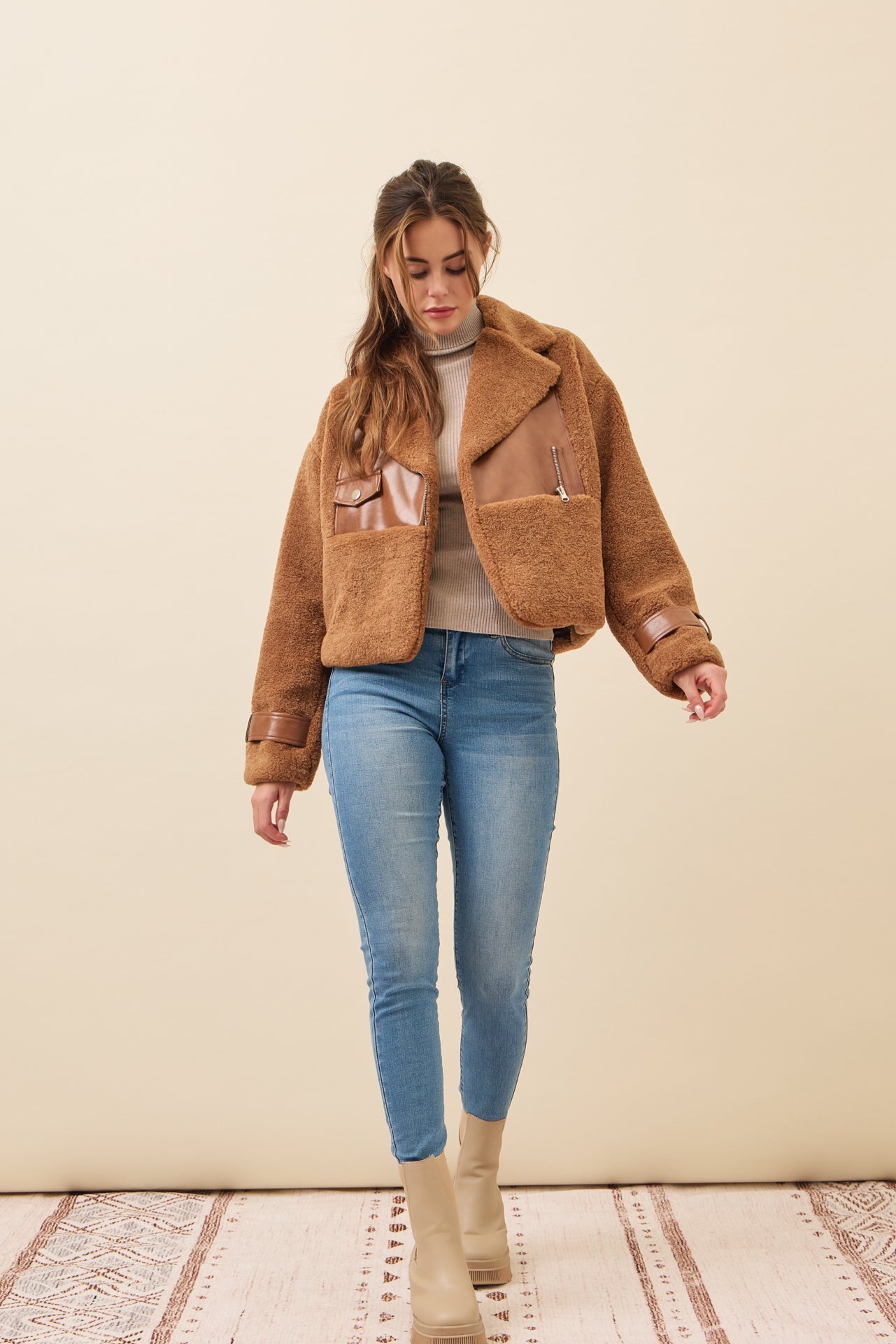 Get Warm Fur Jacket with PU Contrast