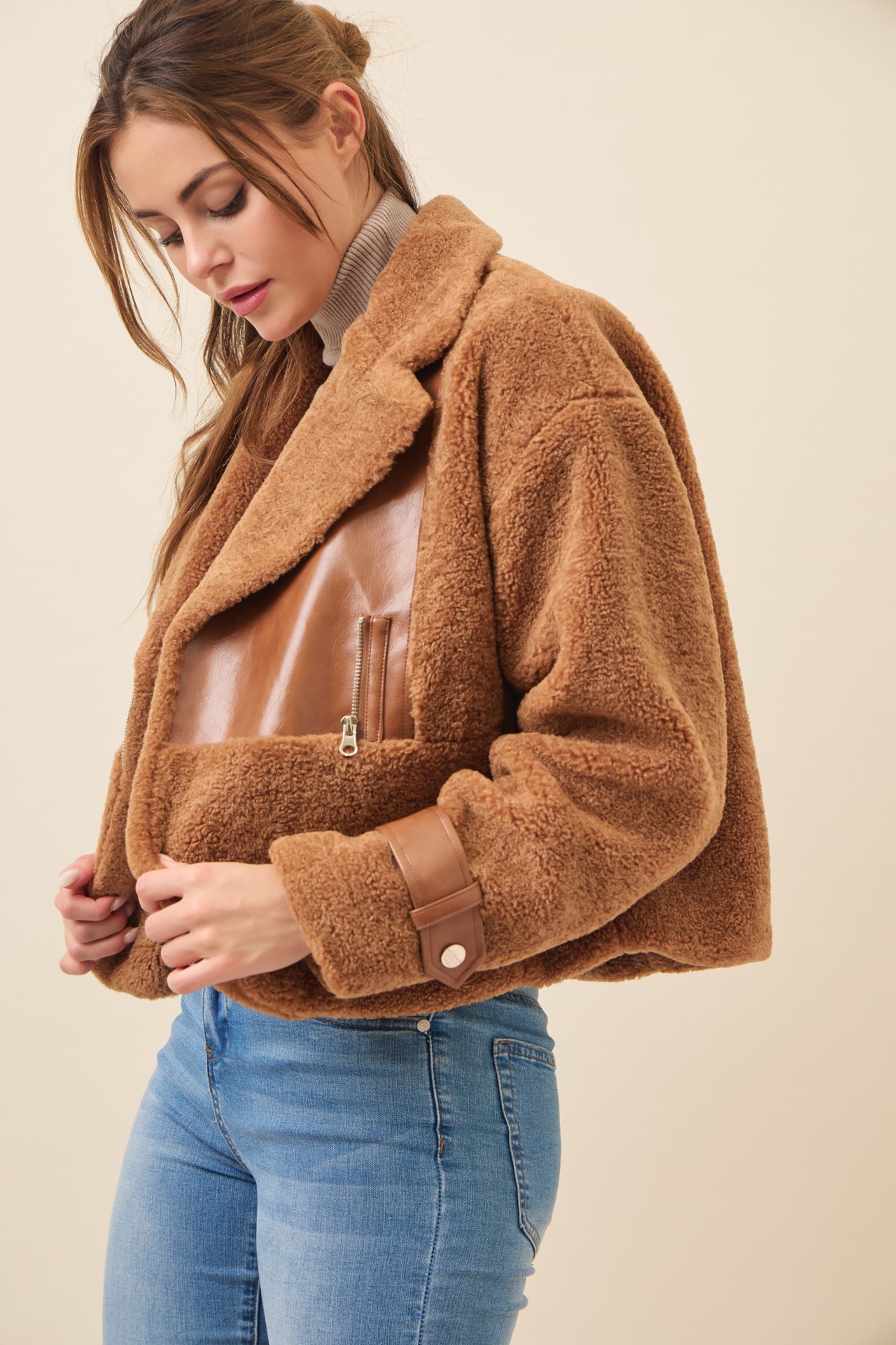 Get Warm Fur Jacket with PU Contrast