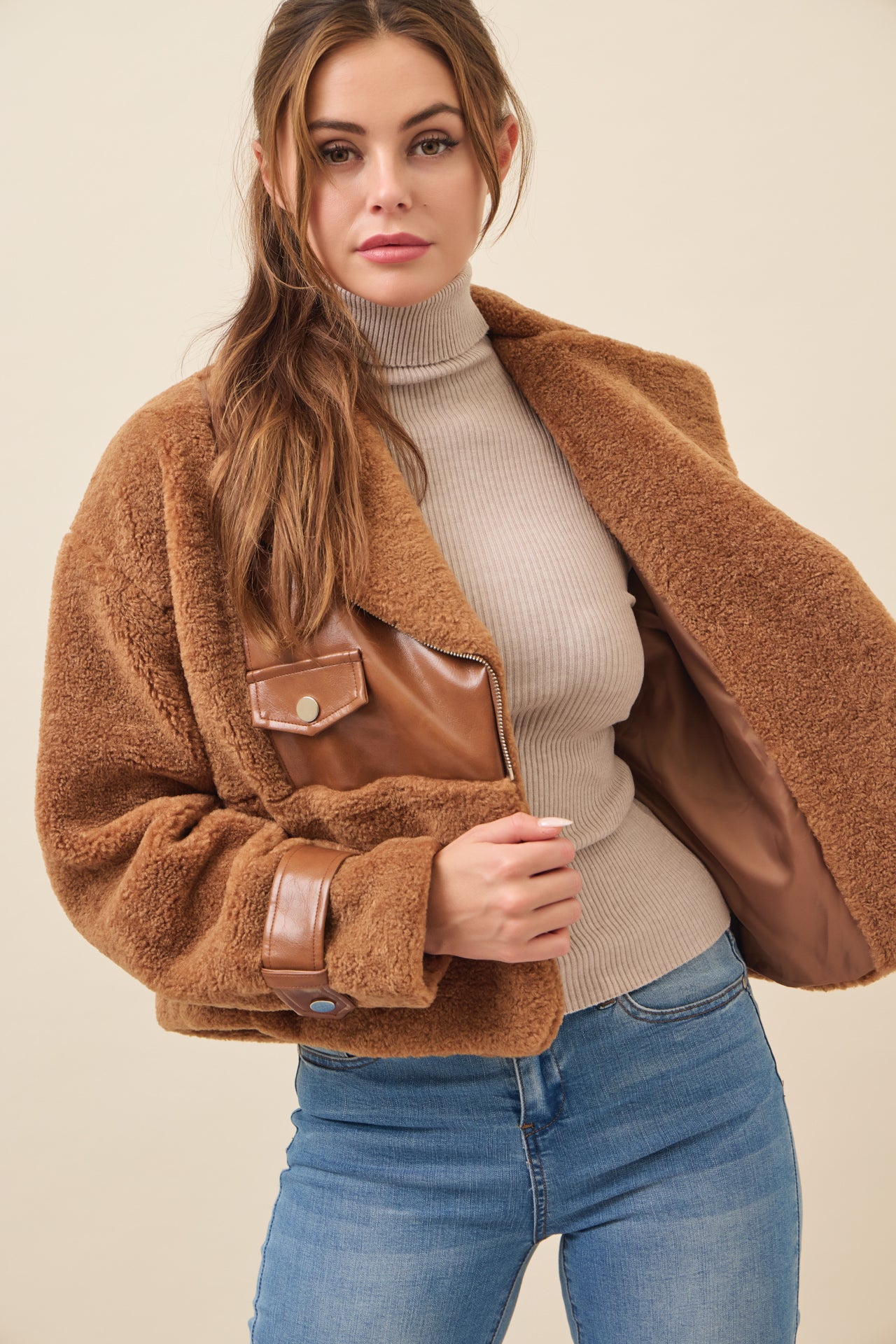 Get Warm Fur Jacket with PU Contrast