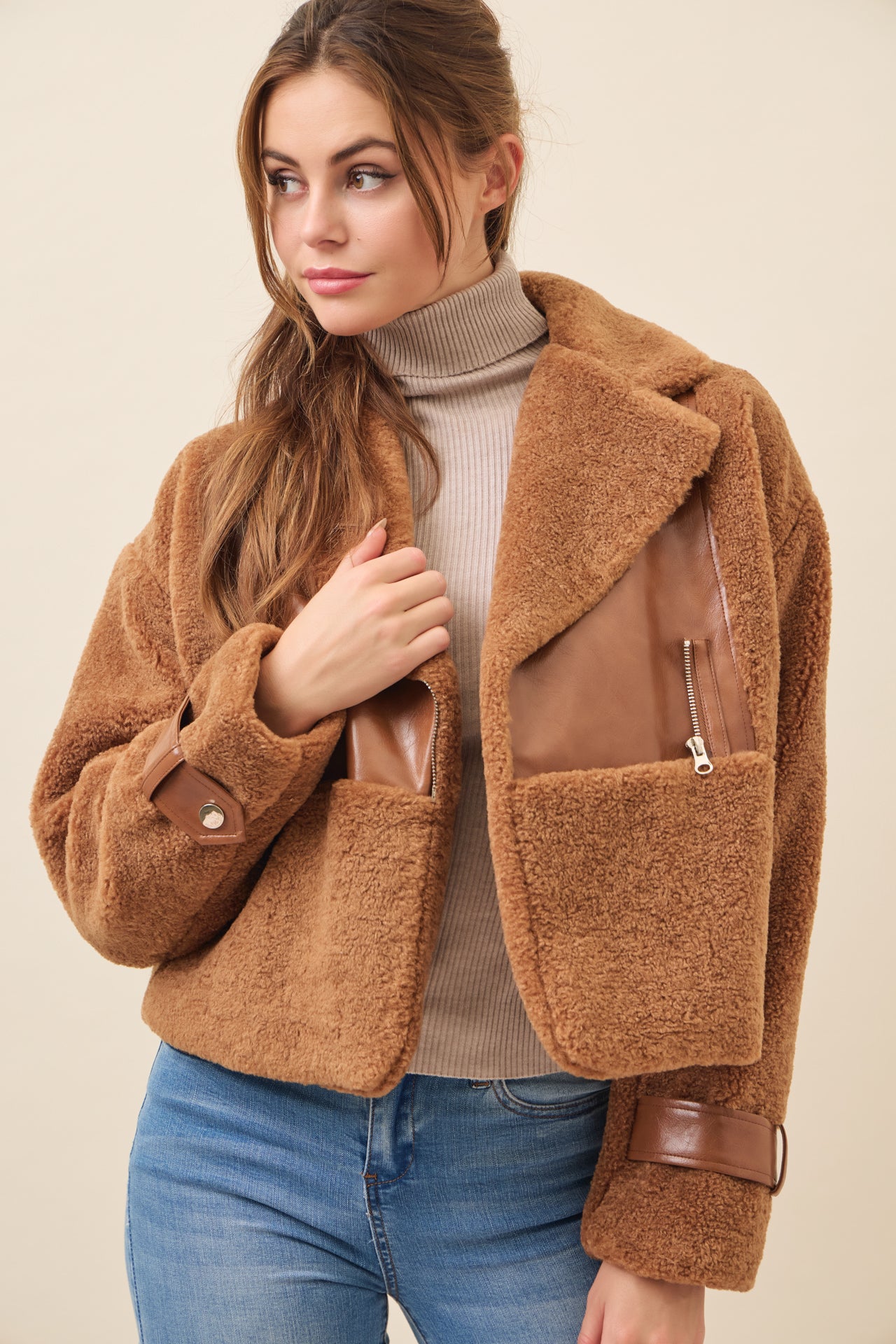 Get Warm Fur Jacket with PU Contrast