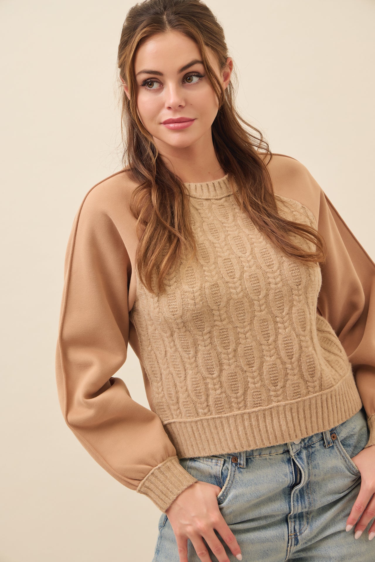 Faye Cable Knit Raglan Sweatshirt