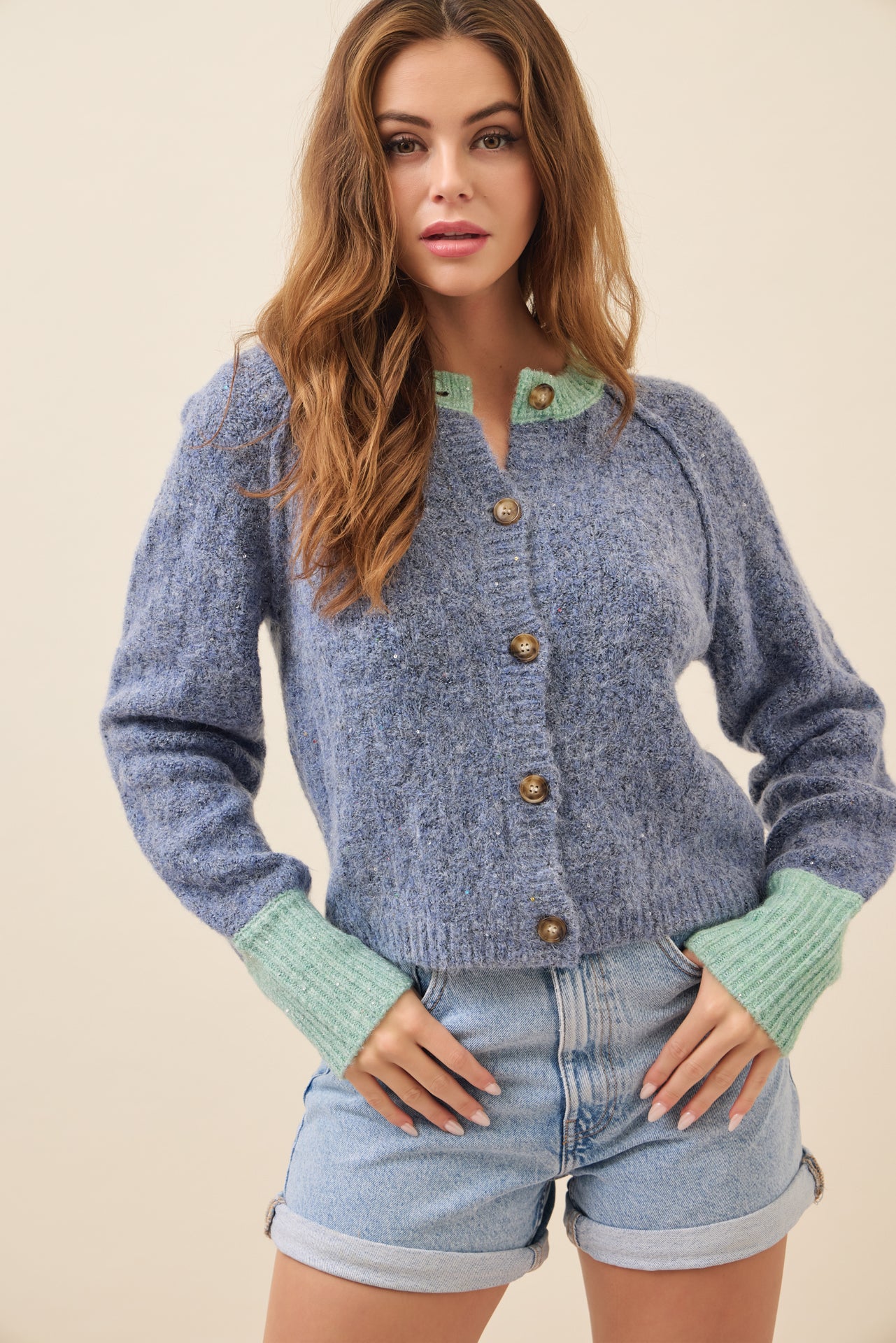 Allie Textured Knit Raglan Sleeve Cardigan with Contrast