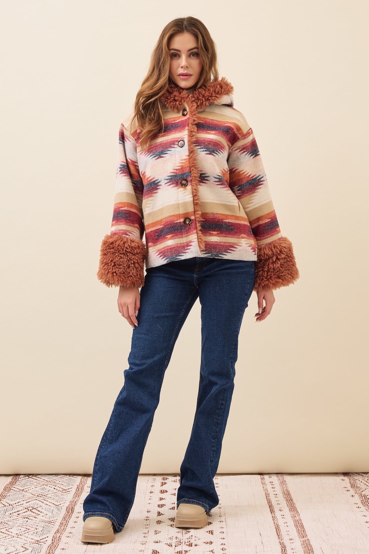 Sienna Aztec Hooded Jacket with Fur