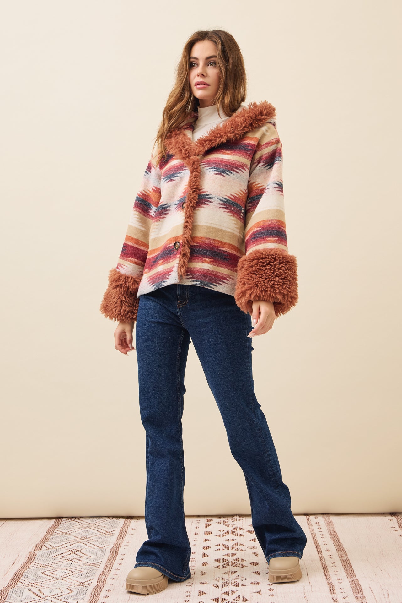 Sienna Aztec Hooded Jacket with Fur