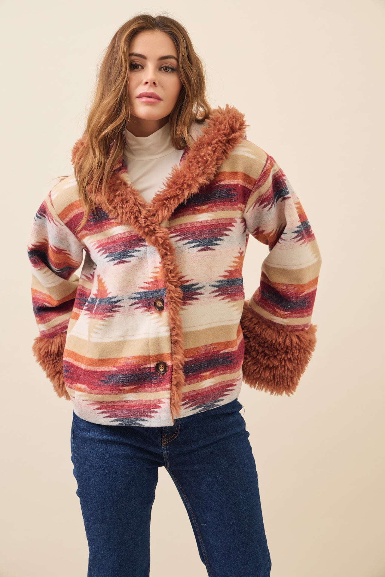 Sienna Aztec Hooded Jacket with Fur