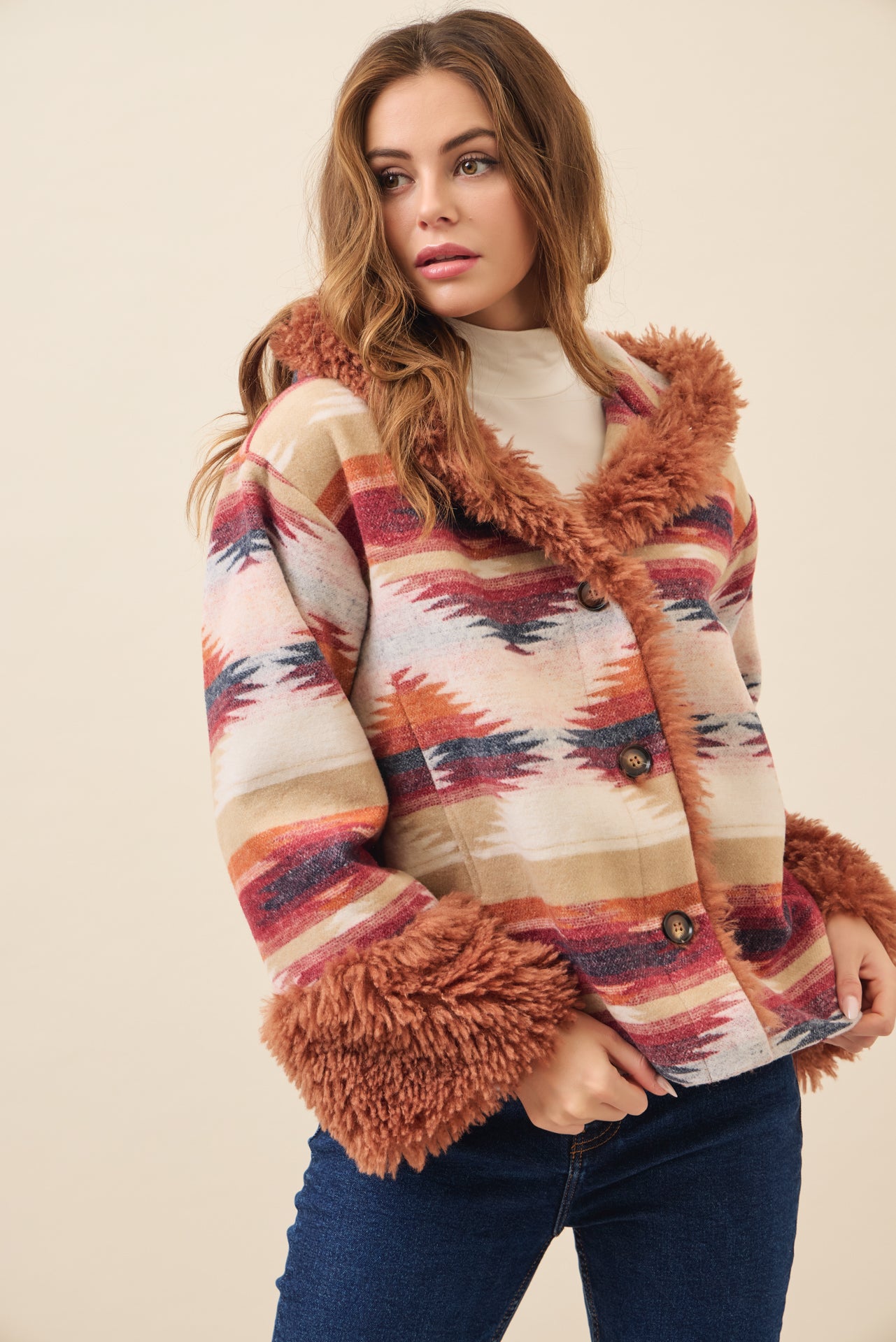 Sienna Aztec Hooded Jacket with Fur