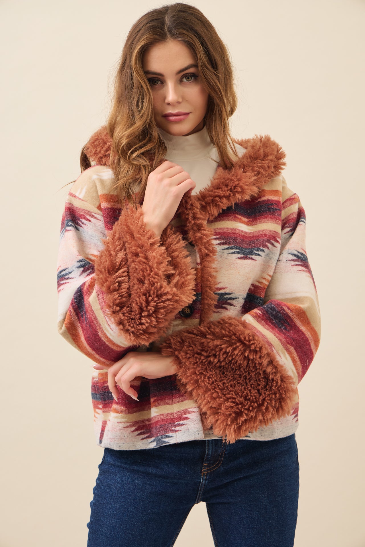 Sienna Aztec Hooded Jacket with Fur