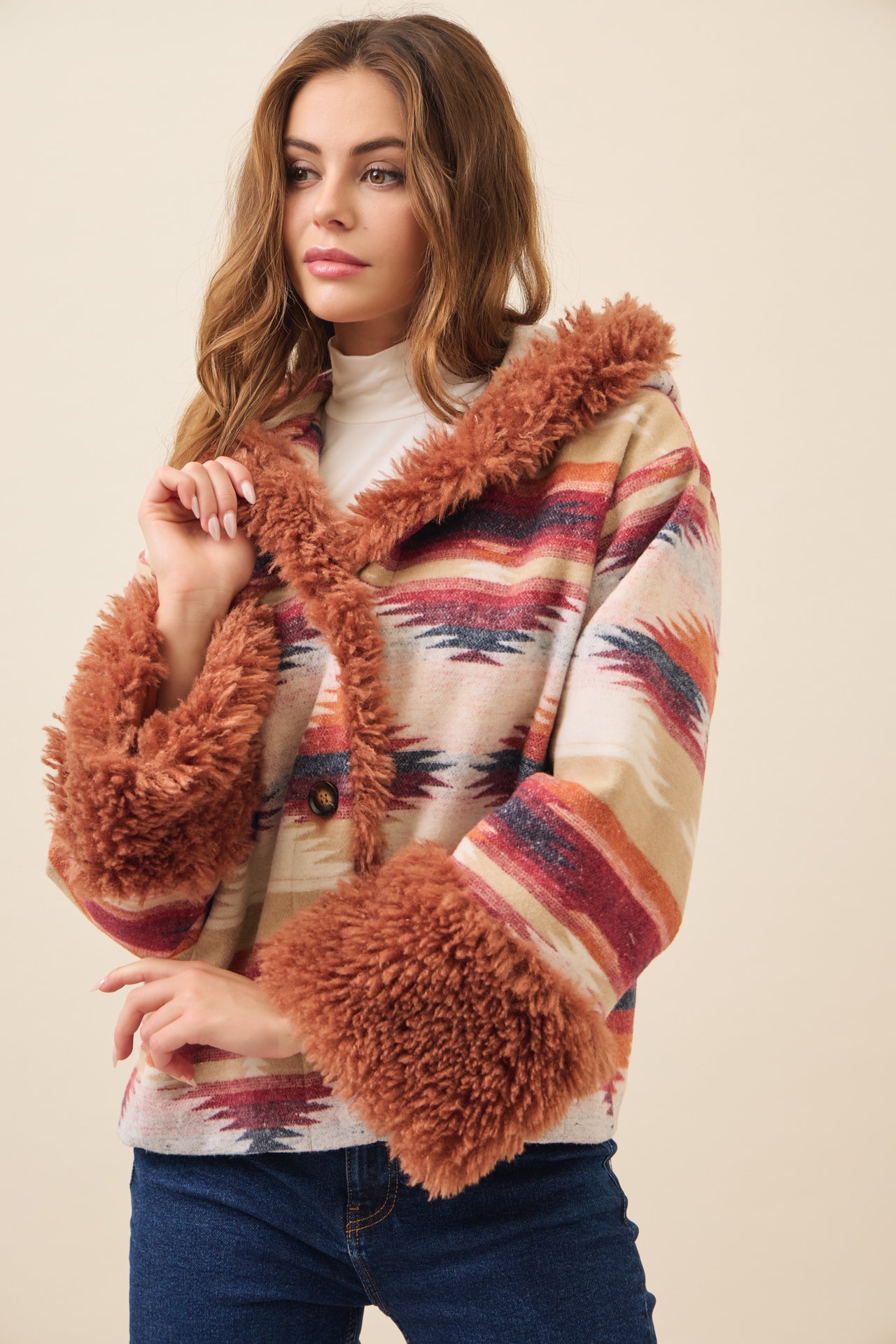 Sienna Aztec Hooded Jacket with Fur