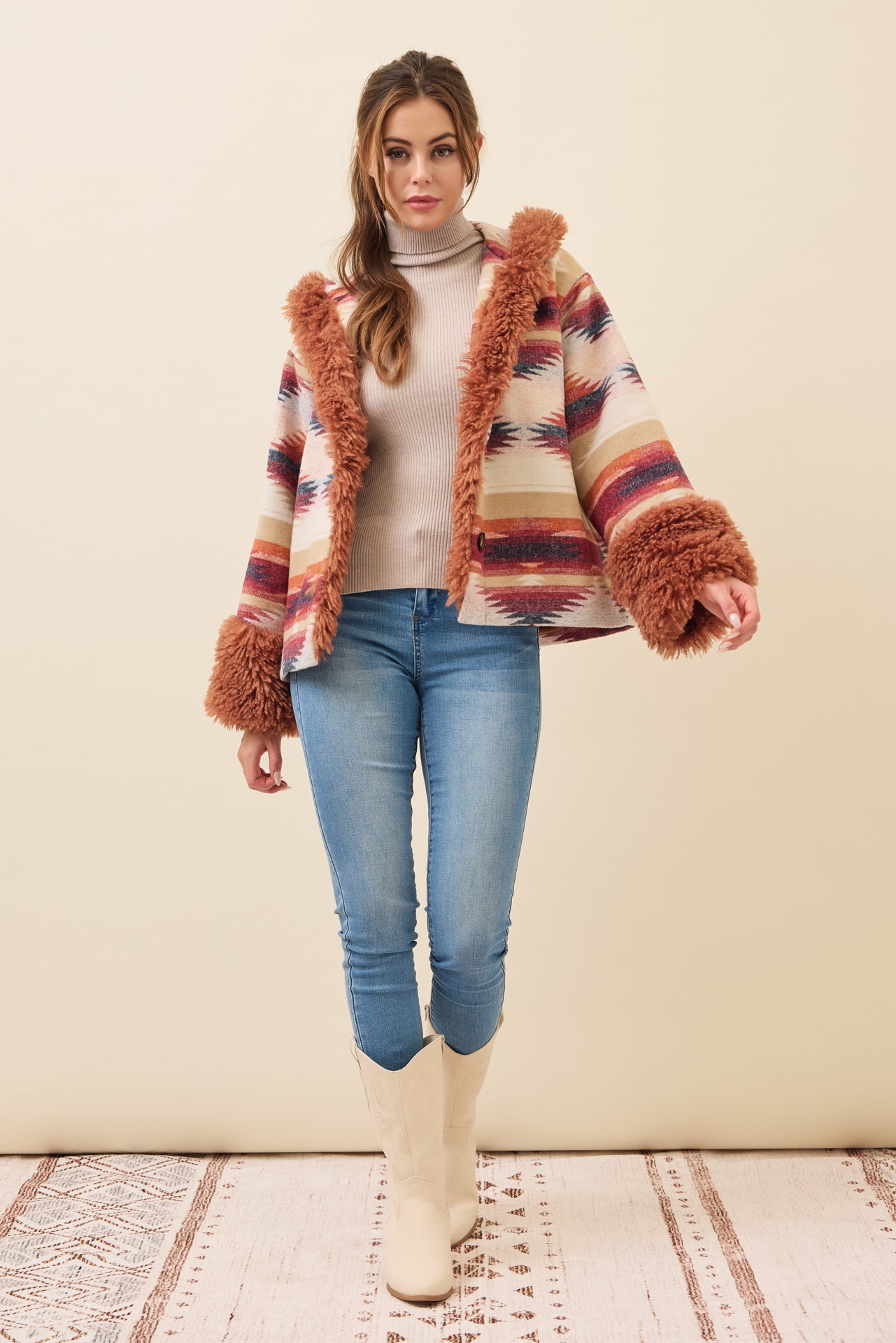 Sienna Aztec Hooded Jacket with Fur