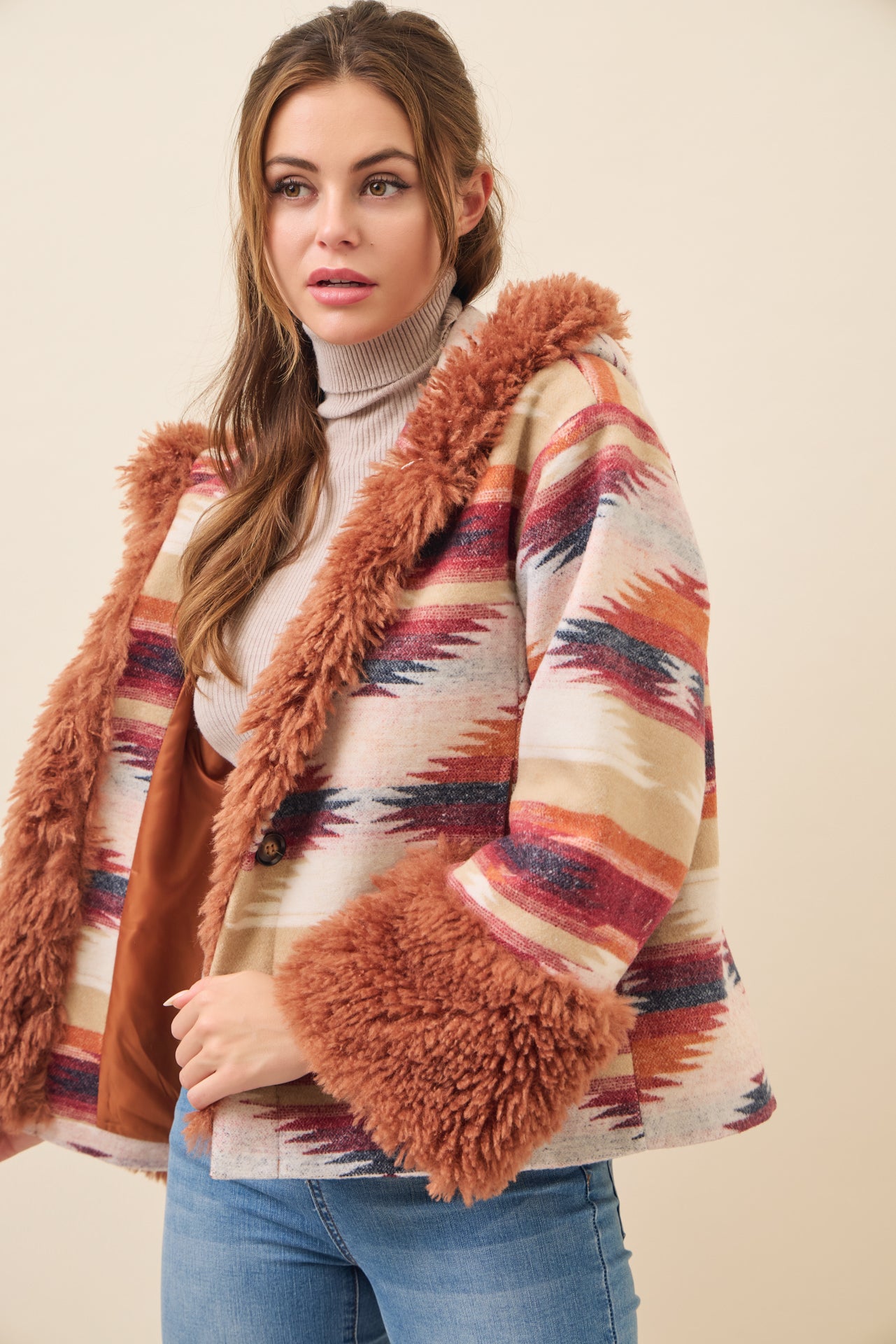 Sienna Aztec Hooded Jacket with Fur