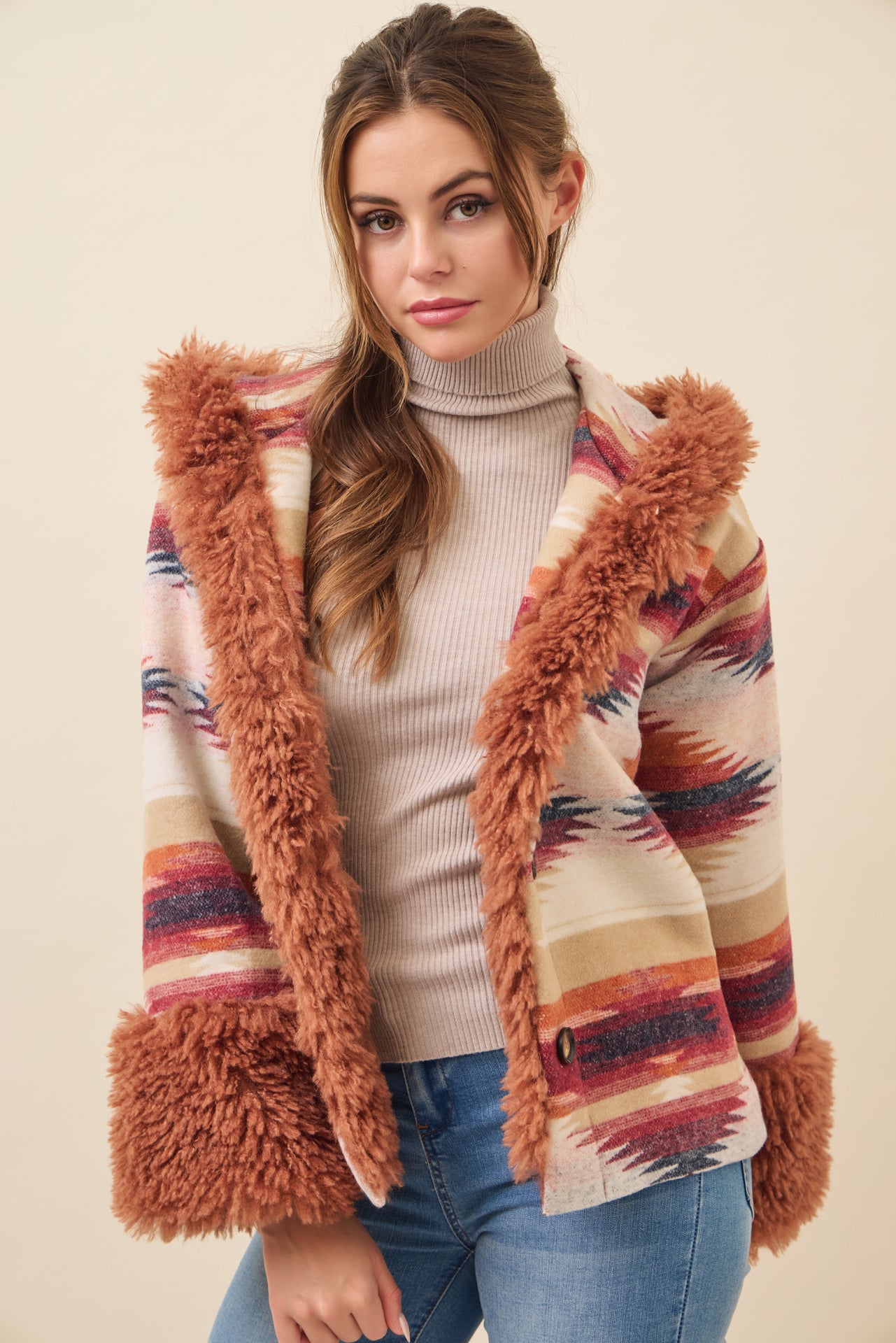 Sienna Aztec Hooded Jacket with Fur