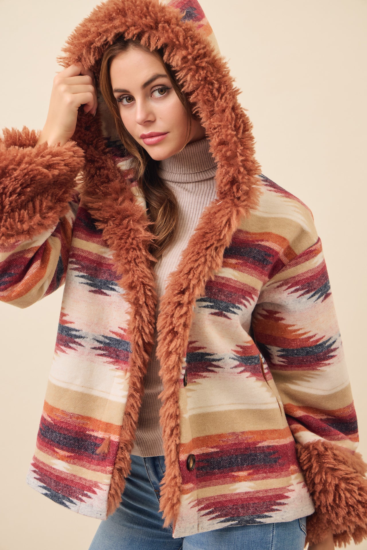 Sienna Aztec Hooded Jacket with Fur