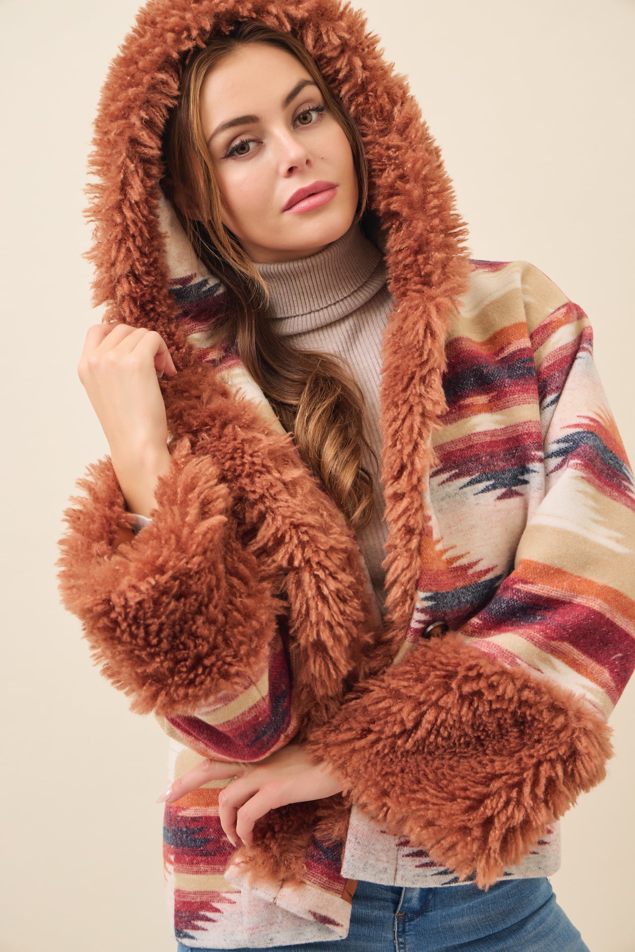 Sienna Aztec Hooded Jacket with Fur