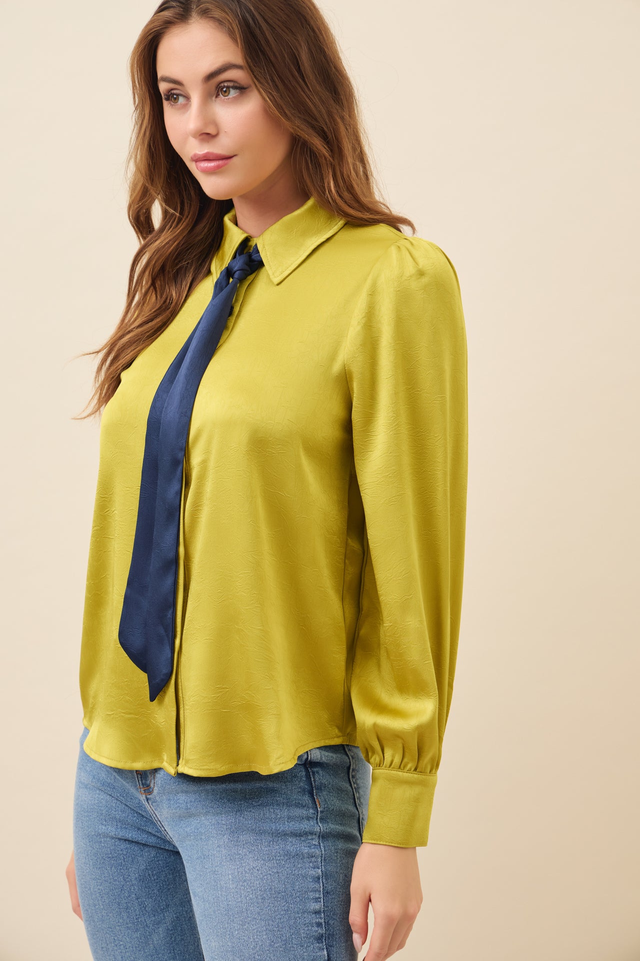 Textured Satin Blouse with Bow