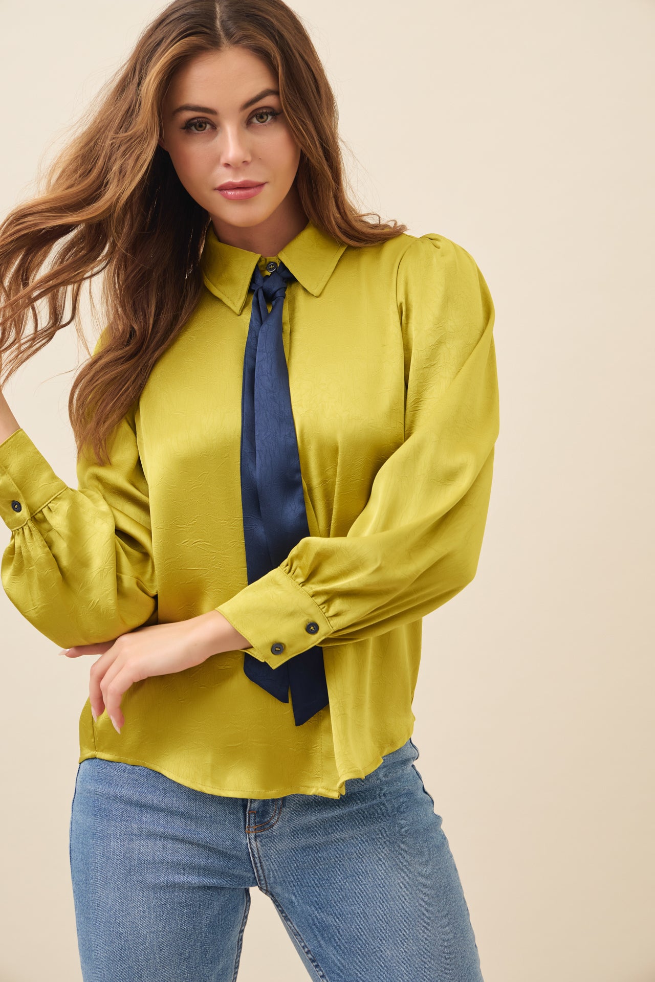 Textured Satin Blouse with Bow