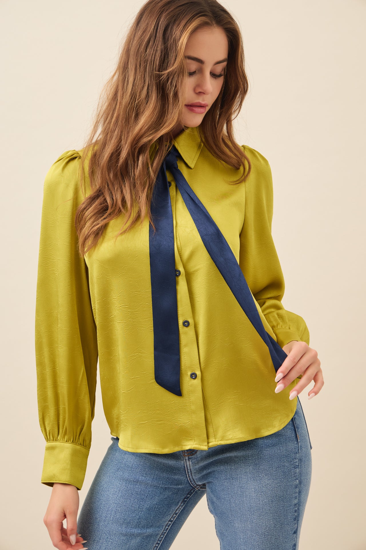 Textured Satin Blouse with Bow