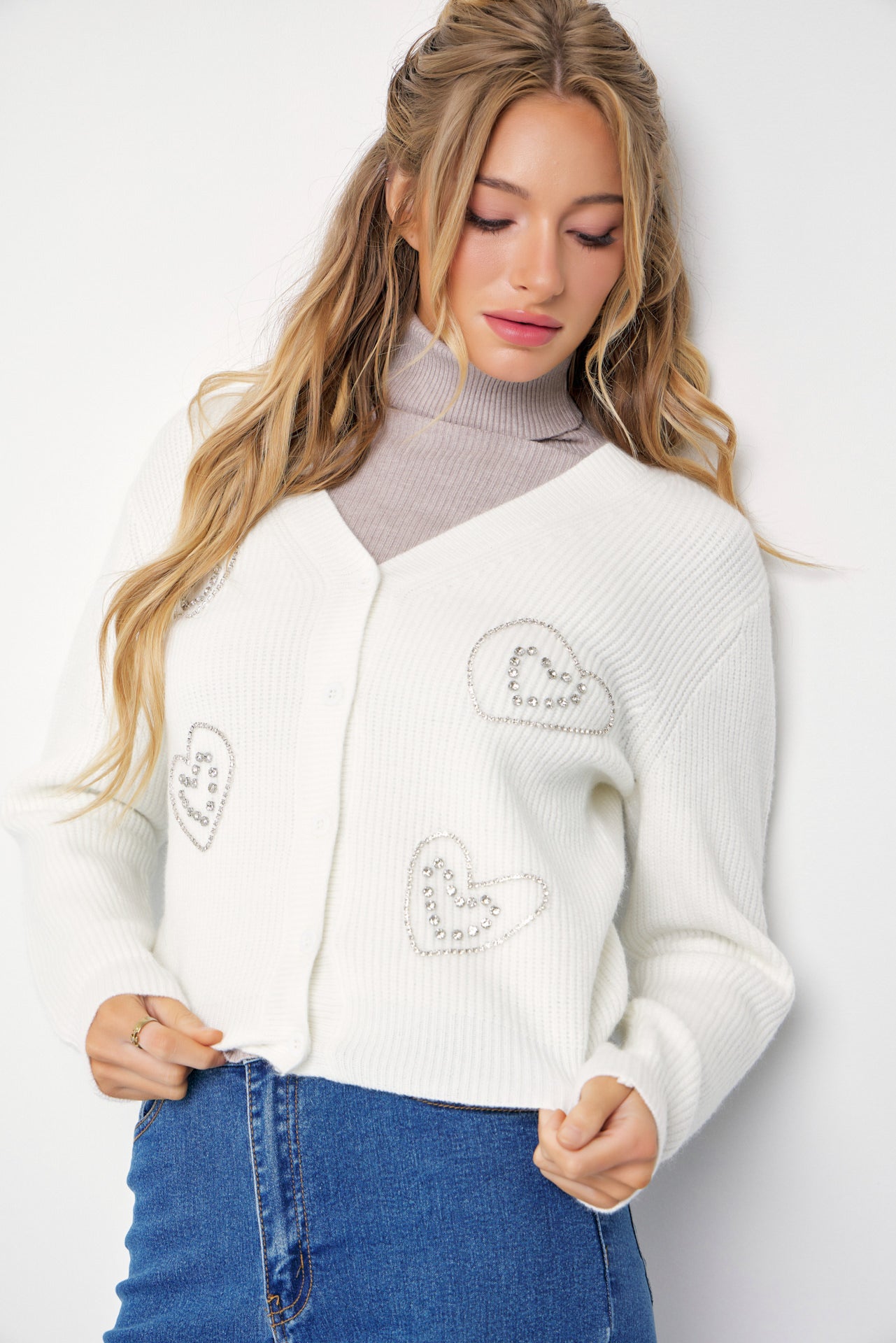 April Rhinestone Heart Embellished Cardigan