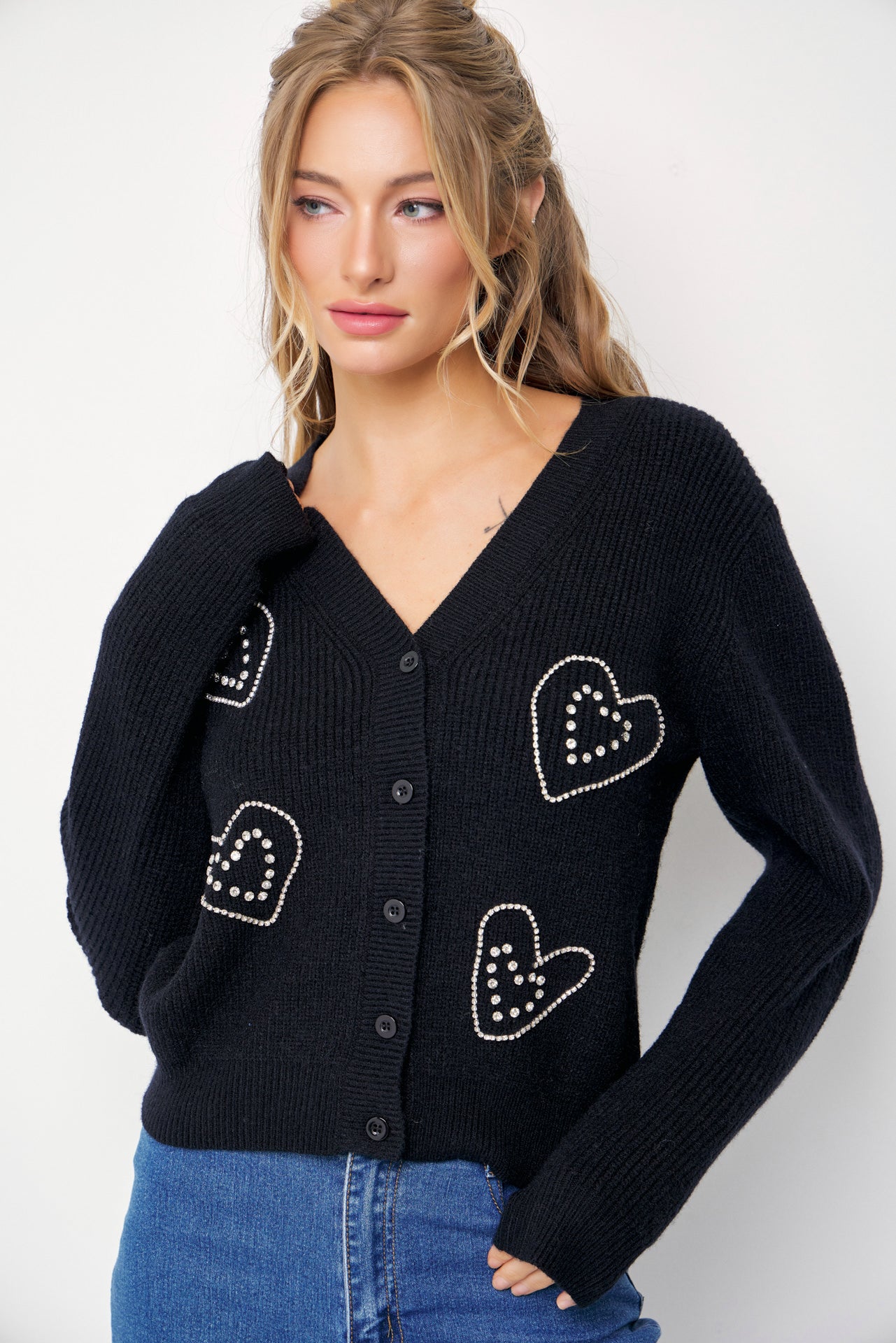 April Rhinestone Heart Embellished Cardigan