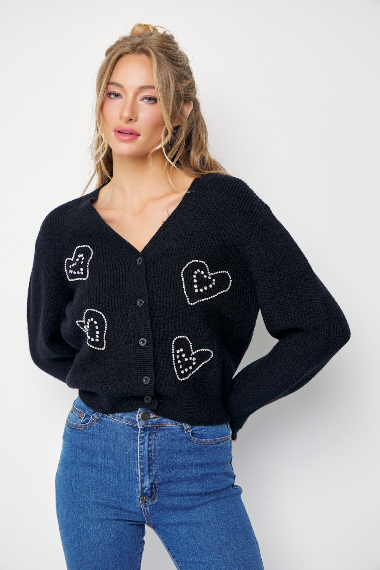 April Rhinestone Heart Embellished Cardigan