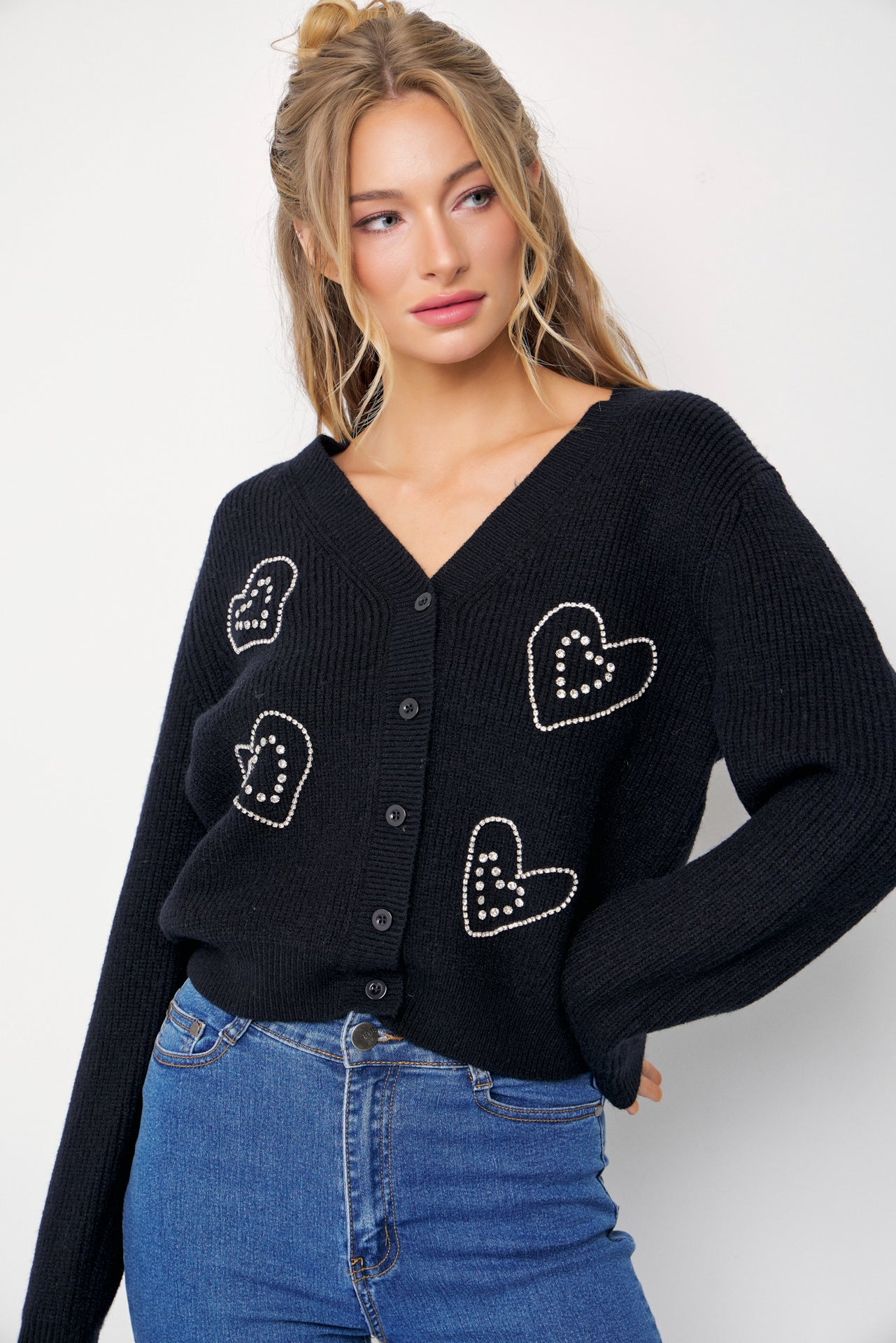 April Rhinestone Heart Embellished Cardigan