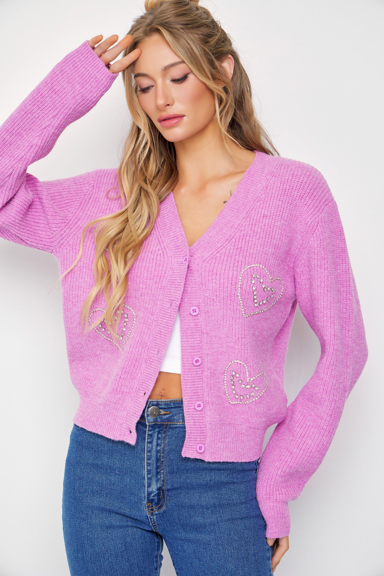 April Rhinestone Heart Embellished Cardigan