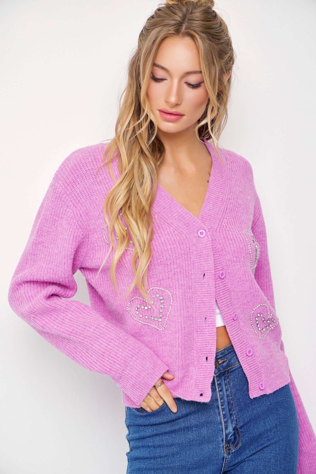 April Rhinestone Heart Embellished Cardigan