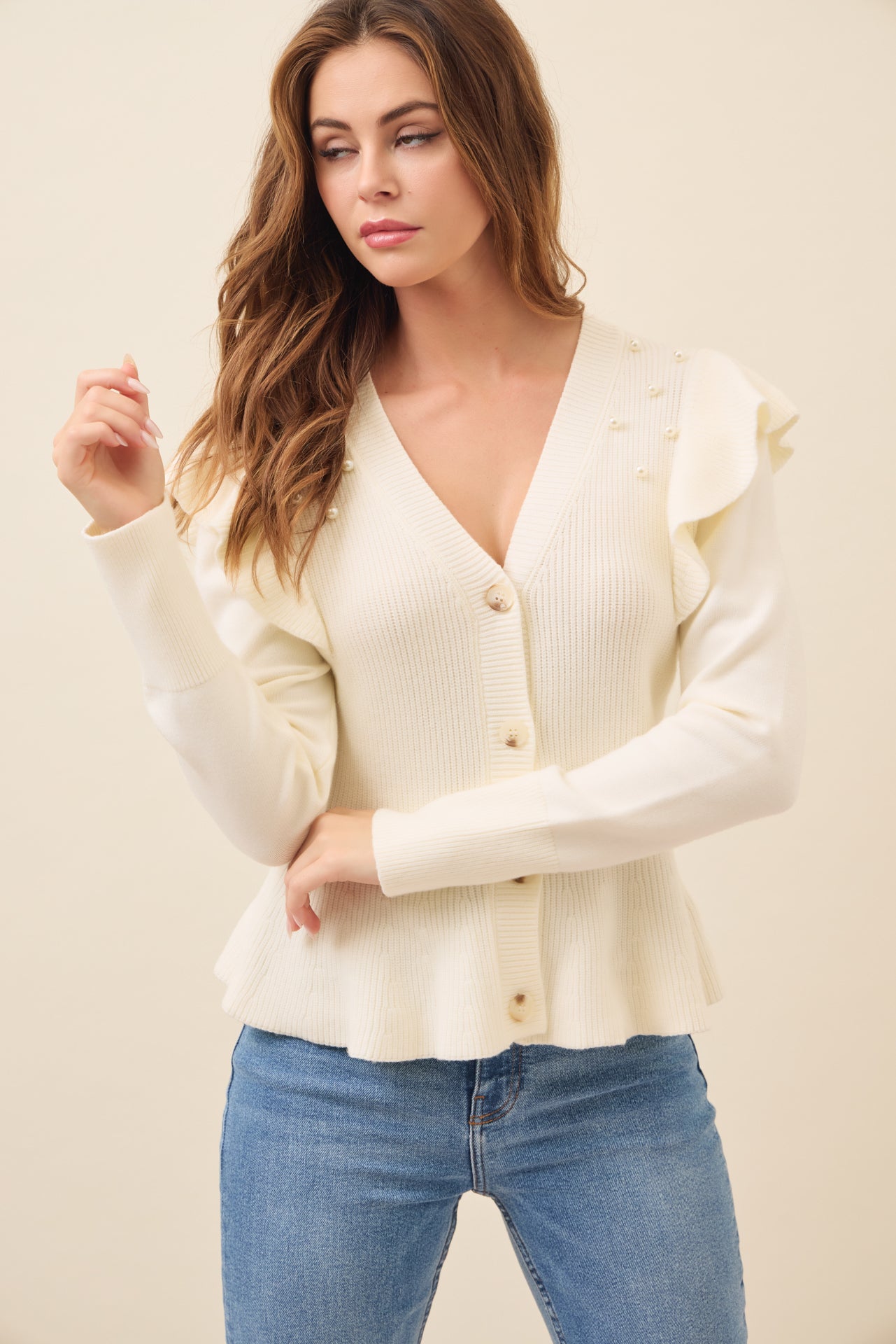 Ivory Pearl Embellished Cardigan with Ruffles