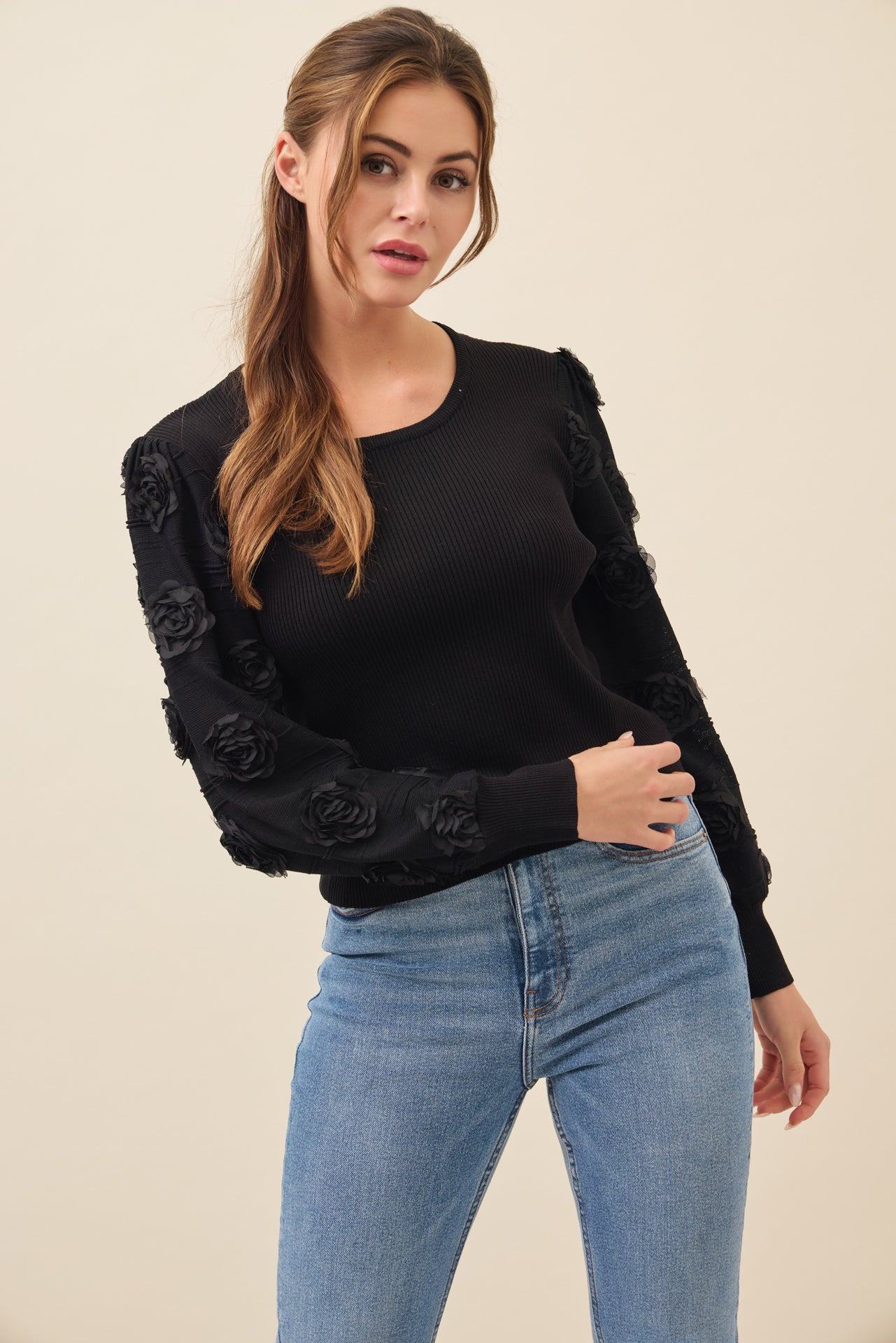 Monrose Floral Contrast Sleeve Knit Top