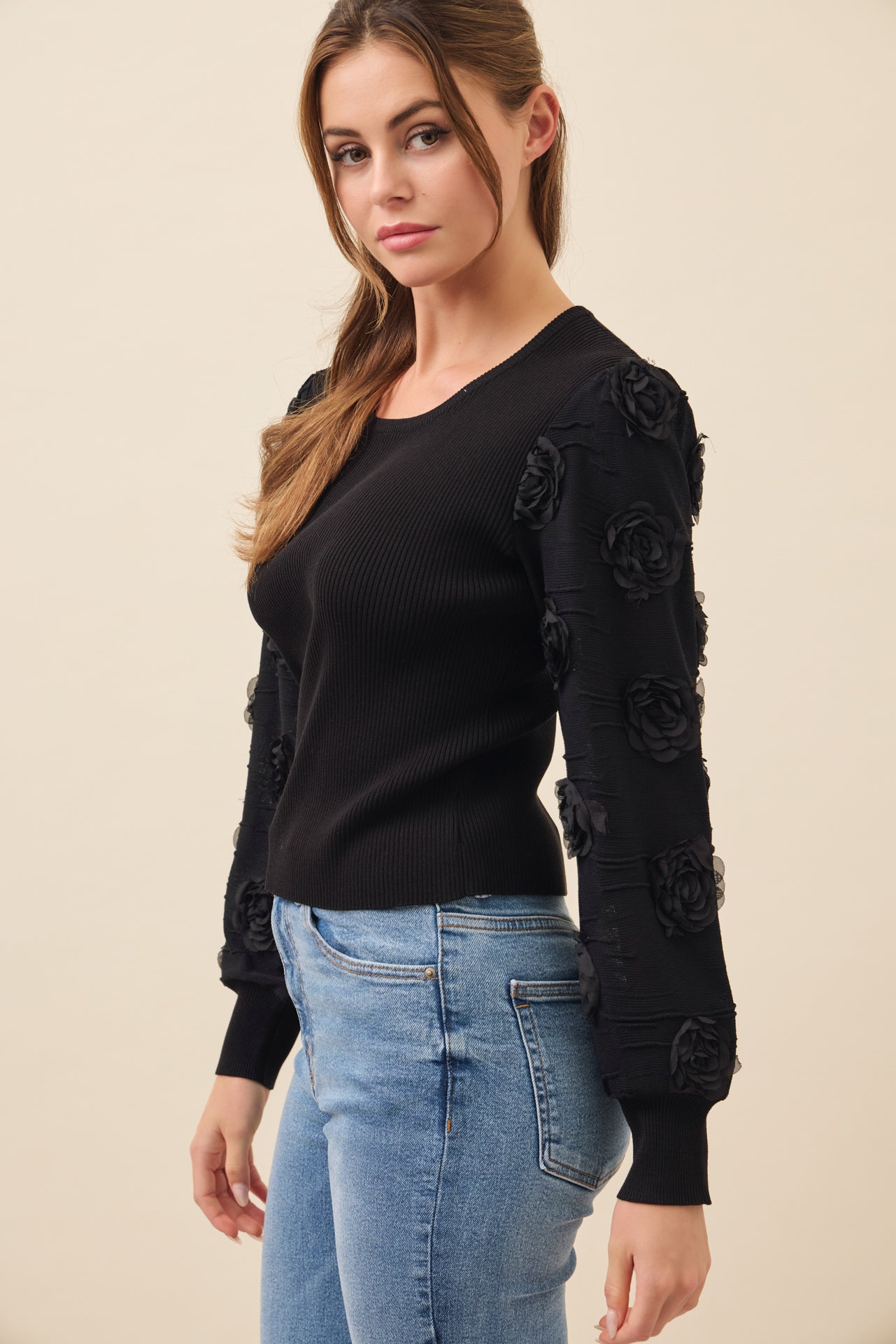 Monrose Floral Contrast Sleeve Knit Top