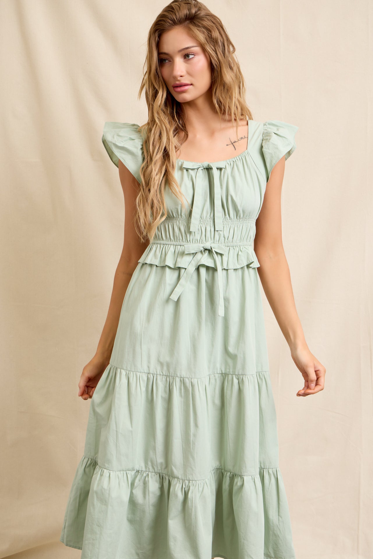 Bow & Flow Cotton Tiered Midi Dress