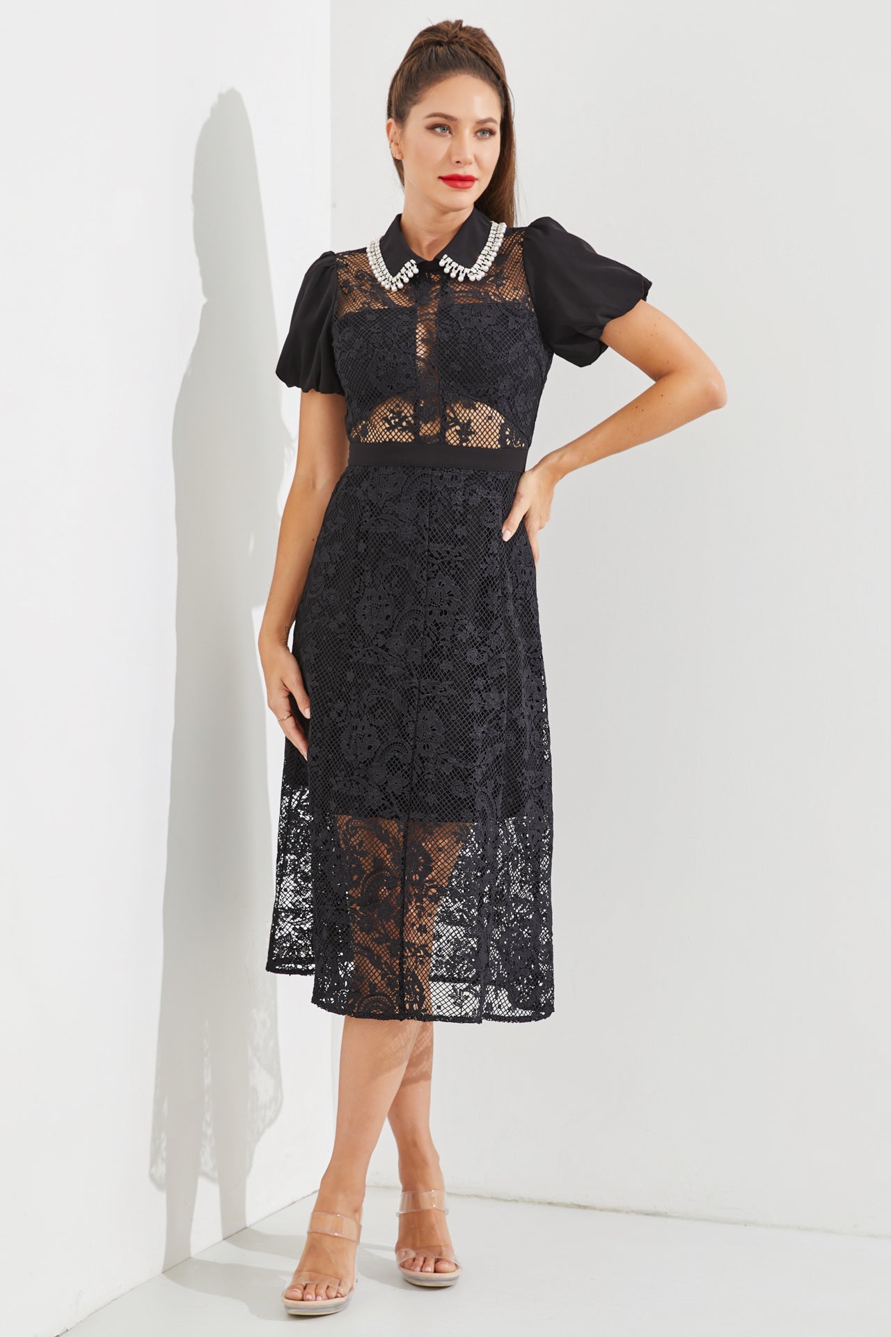 Woven Lace Short Sleeve Midi Dress With Crystal Embellishment