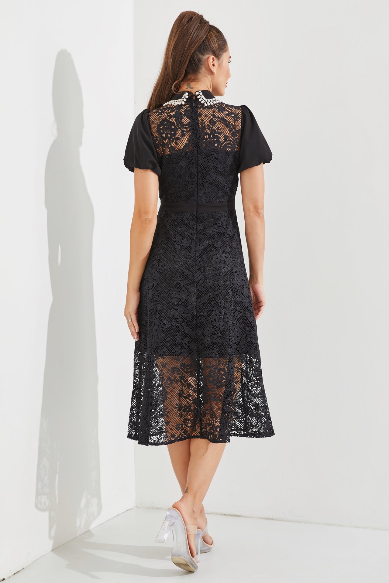 Woven Lace Short Sleeve Midi Dress With Crystal Embellishment