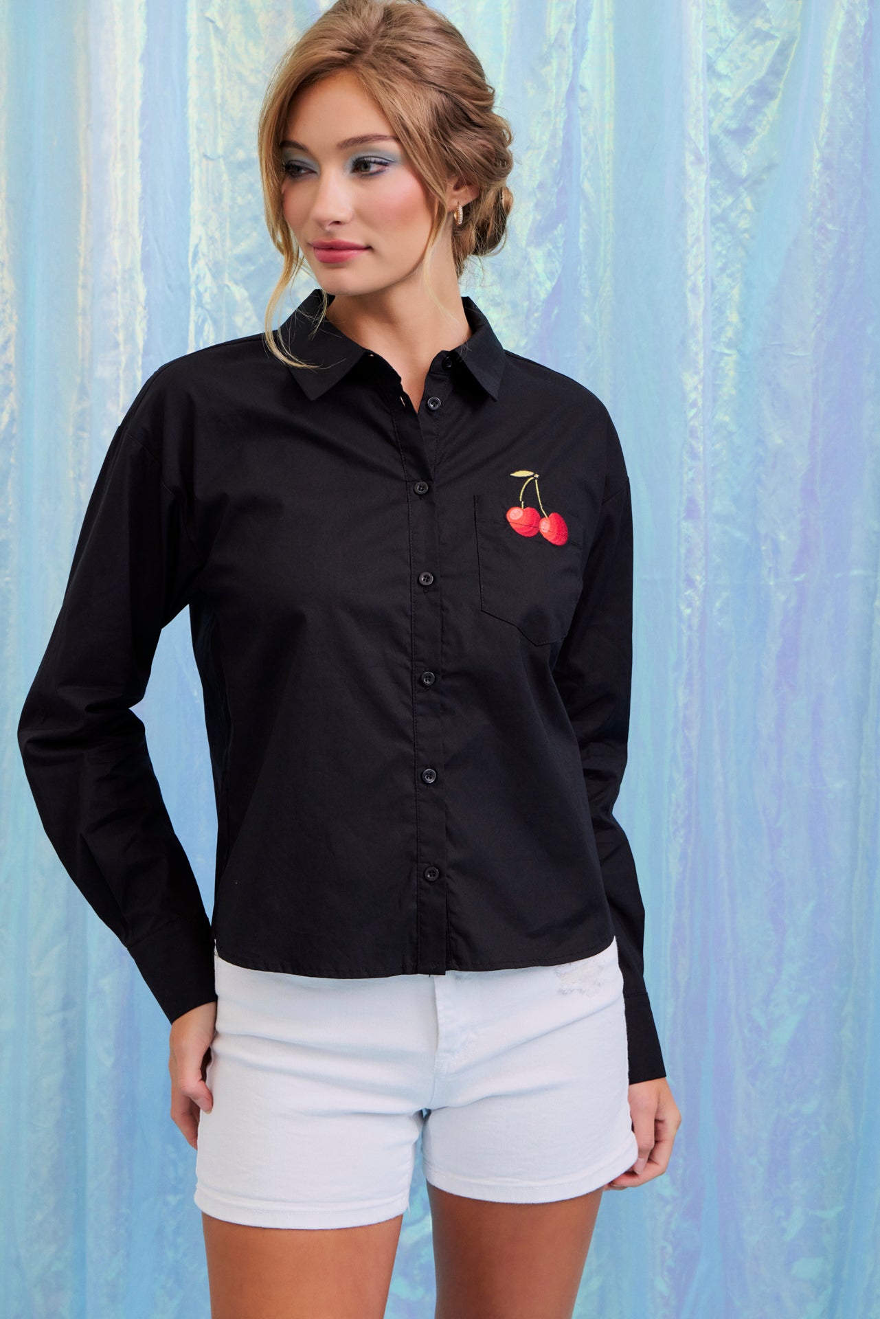 Woven Shirt With Cherry Embroidery