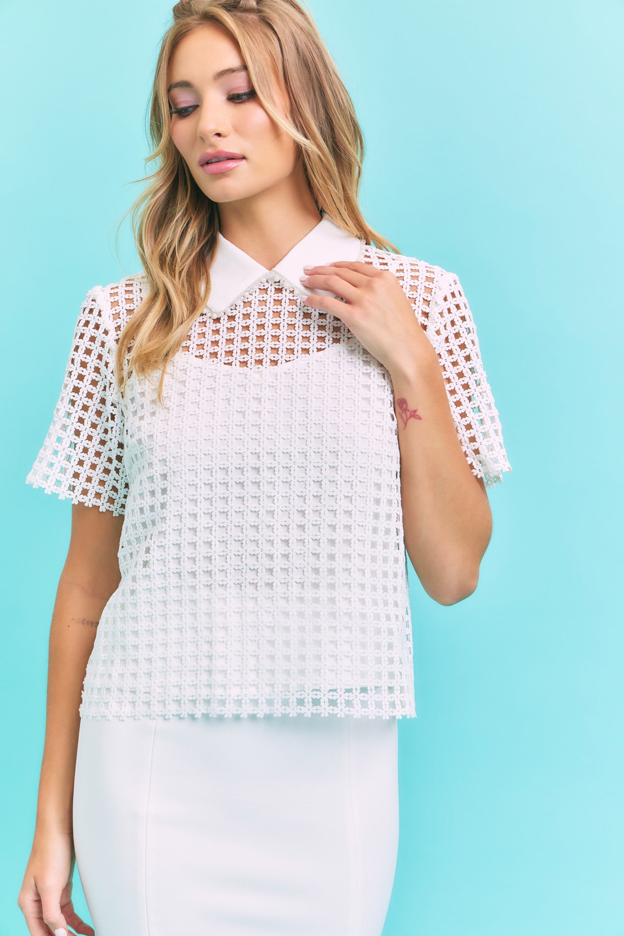 Camilla Lace Short Sleeve Embellished Collar Top With Cami