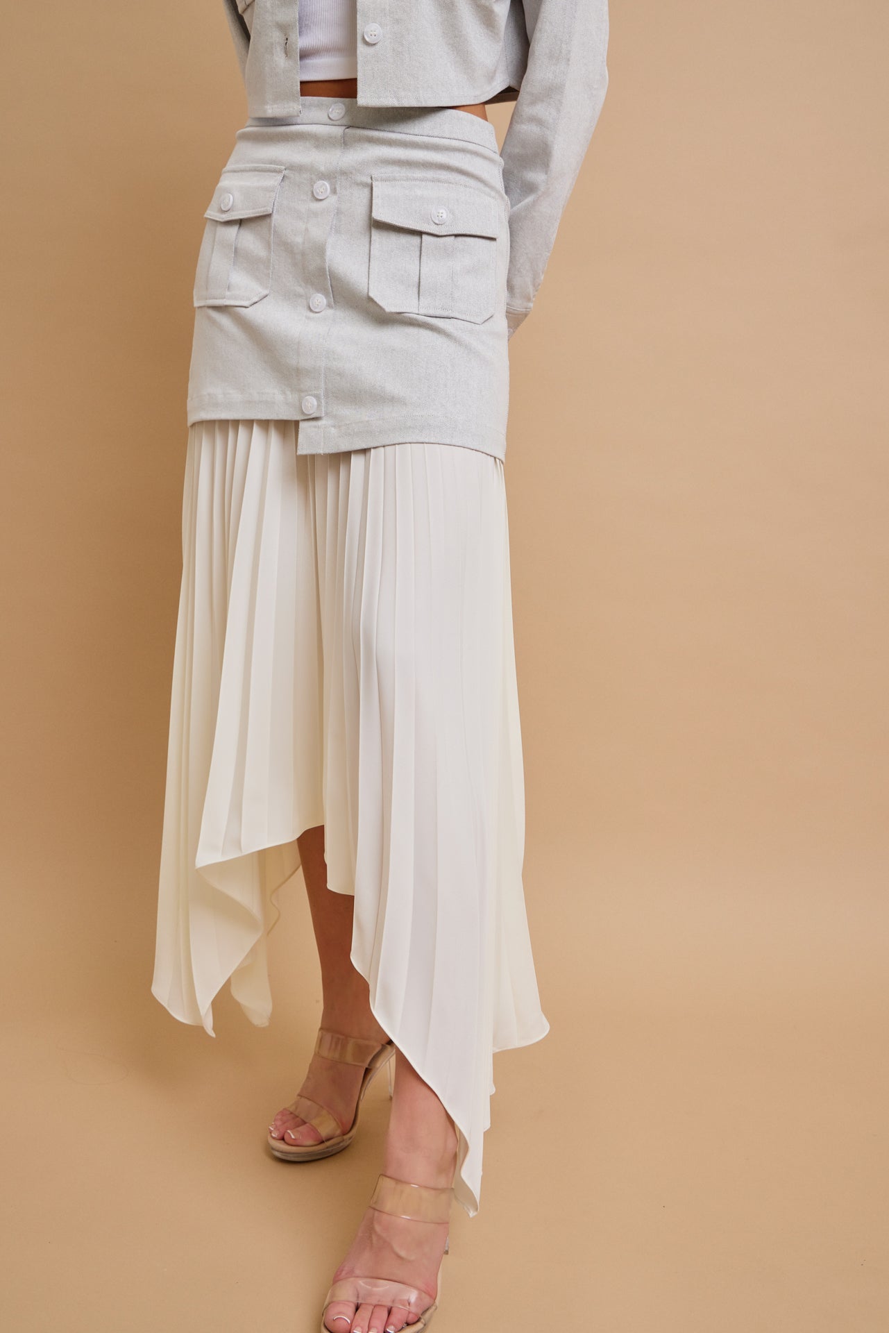 Day Trip Woven Button Down Asymmetrical Hem Pleated Skirt