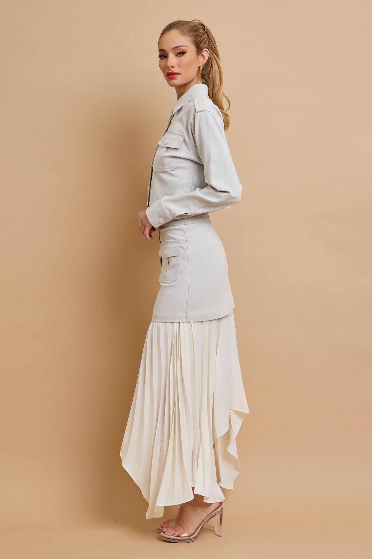 Day Trip Woven Button Down Asymmetrical Hem Pleated Skirt