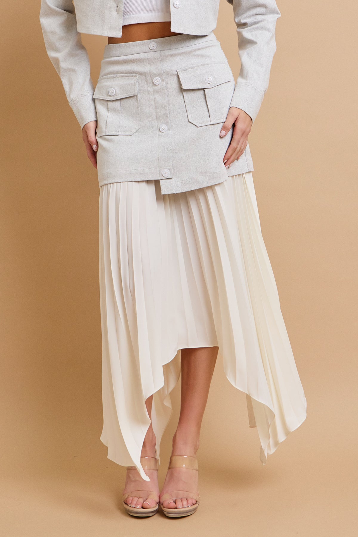 Day Trip Woven Button Down Asymmetrical Hem Pleated Skirt