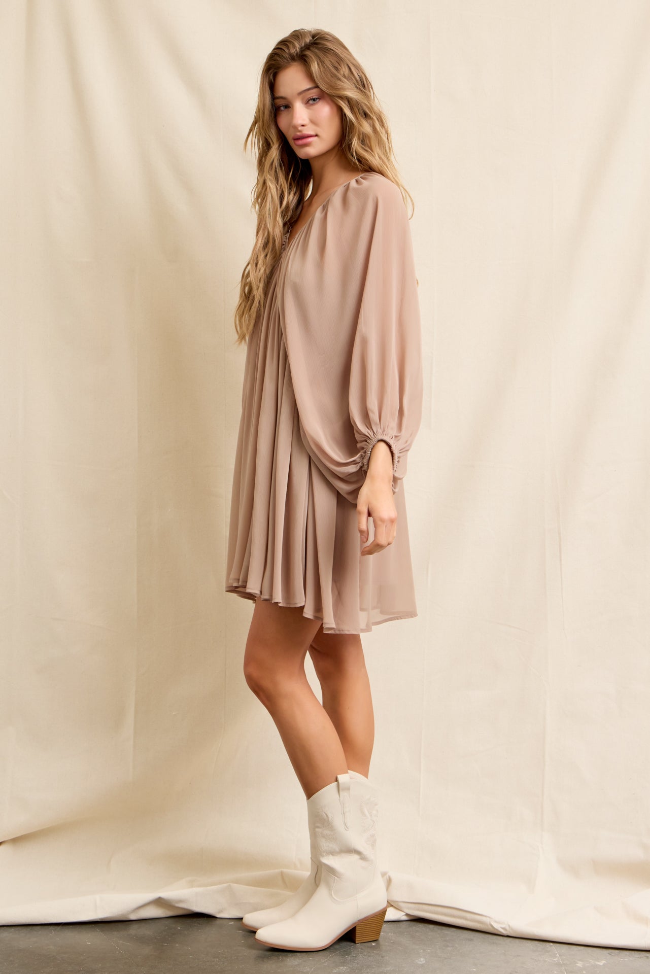 Flowy Sheer Woven Mini Dress With Blouson Sleeves