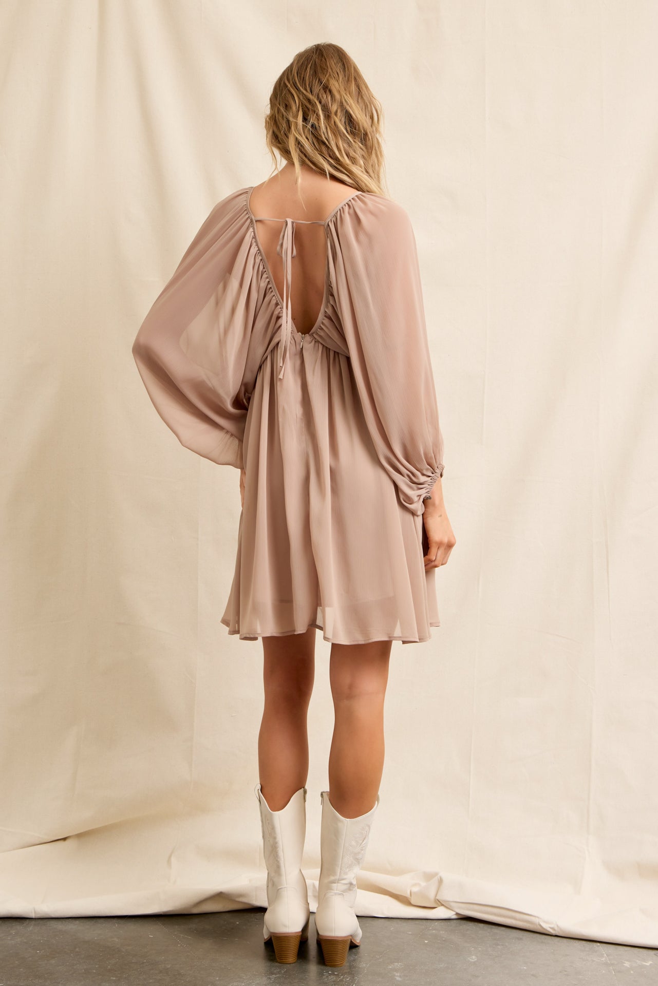 Flowy Sheer Woven Mini Dress With Blouson Sleeves