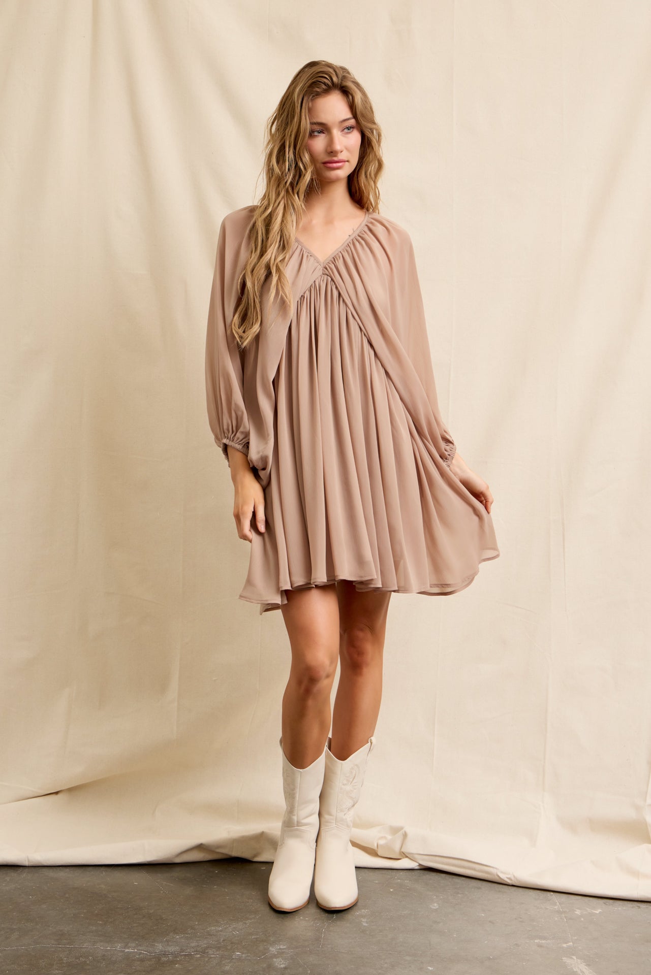 Flowy Sheer Woven Mini Dress With Blouson Sleeves