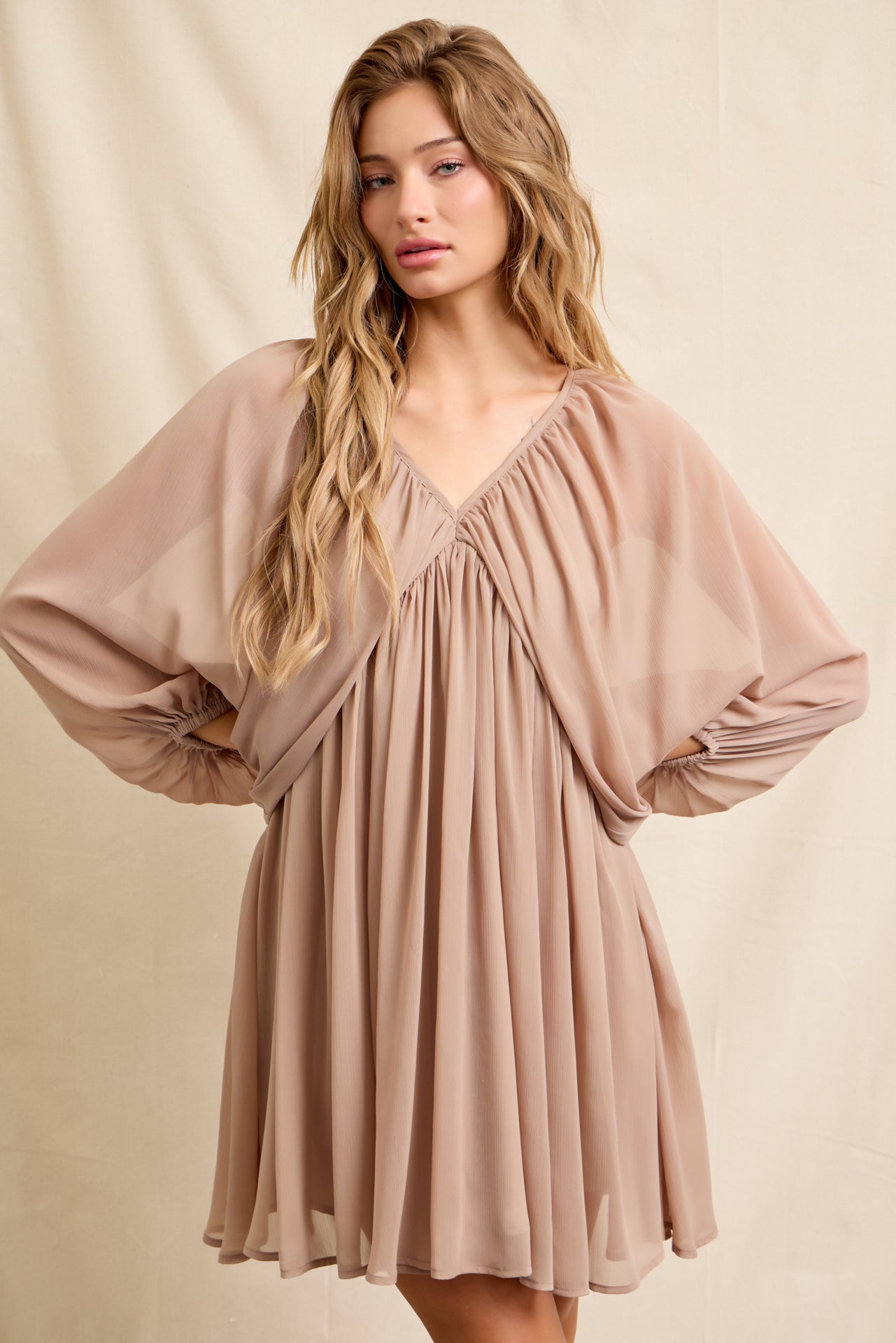 Flowy Sheer Woven Mini Dress With Blouson Sleeves