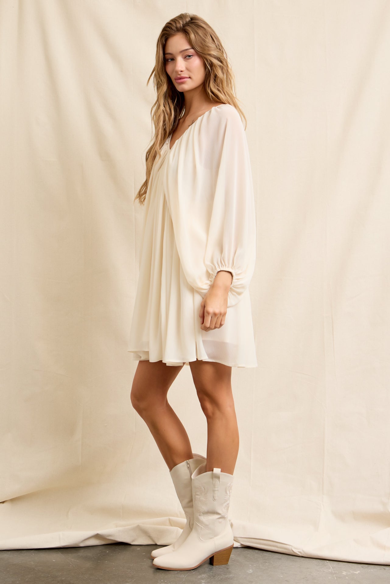 Flowy Sheer Woven Mini Dress With Blouson Sleeves