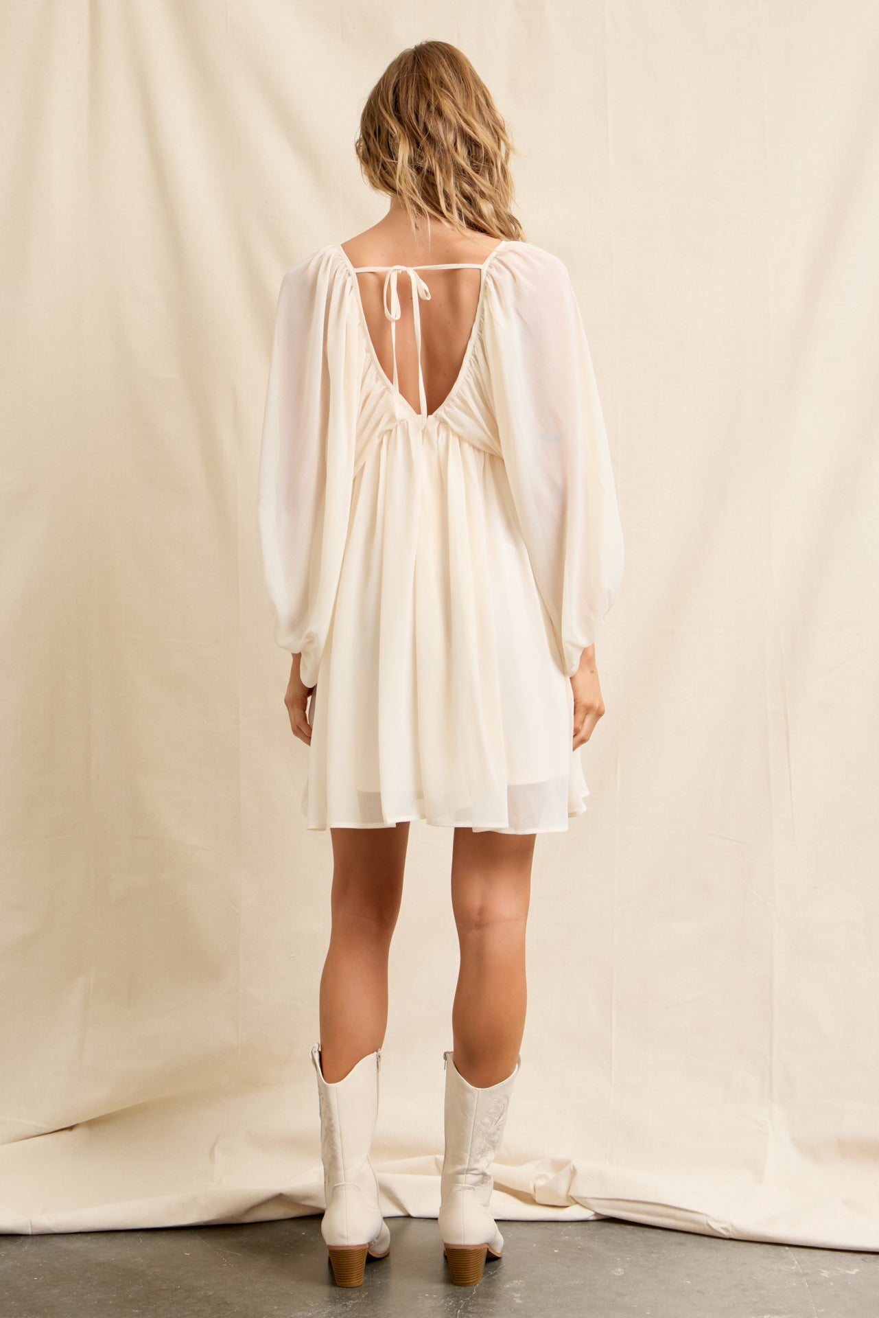 Flowy Sheer Woven Mini Dress With Blouson Sleeves