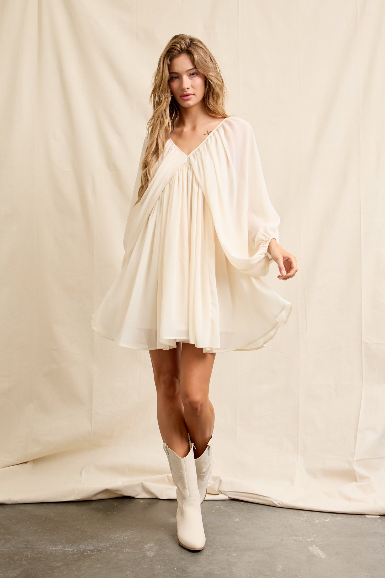 Flowy Sheer Woven Mini Dress With Blouson Sleeves