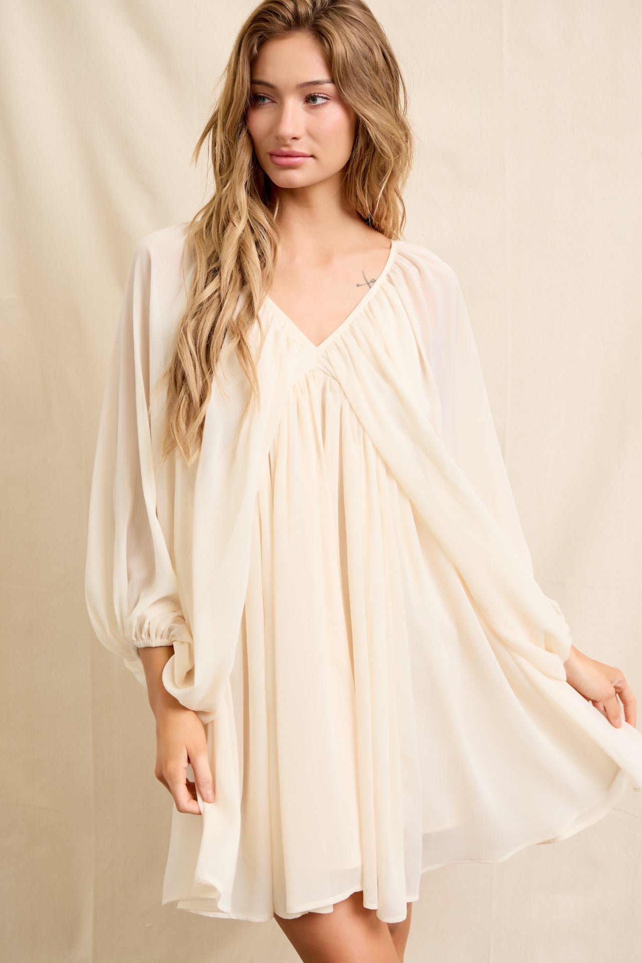 Flowy Sheer Woven Mini Dress With Blouson Sleeves