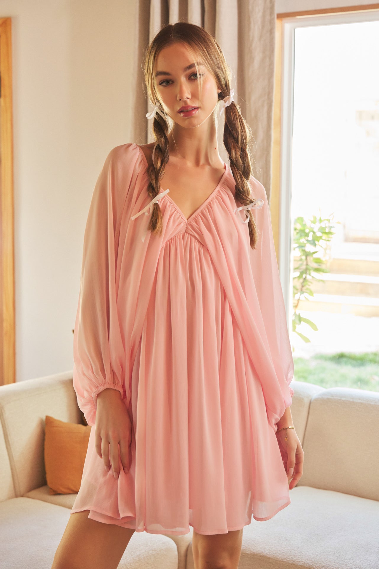 Flowy Sheer Woven Mini Dress With Blouson Sleeves