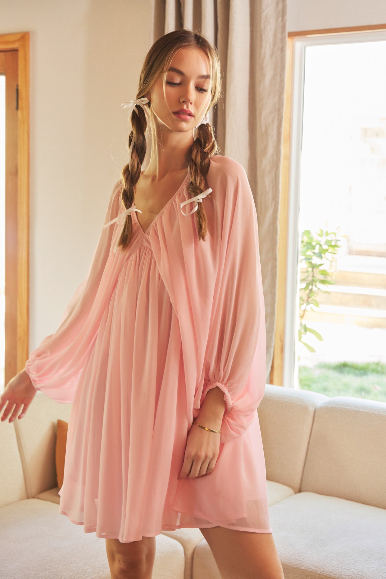 Flowy Sheer Woven Mini Dress With Blouson Sleeves